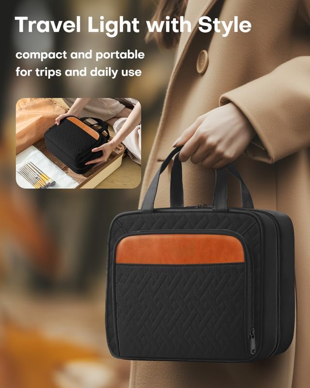 HOTOR Travel Toiletry Bag for Women & Men, Waterproof Makeup Bag with Hanging Hook and Multiple Pockets, Cosmetic Bags for Women, Travel Essentials, 11.2'' x 3.2'' x 8.9'', Black & Brown