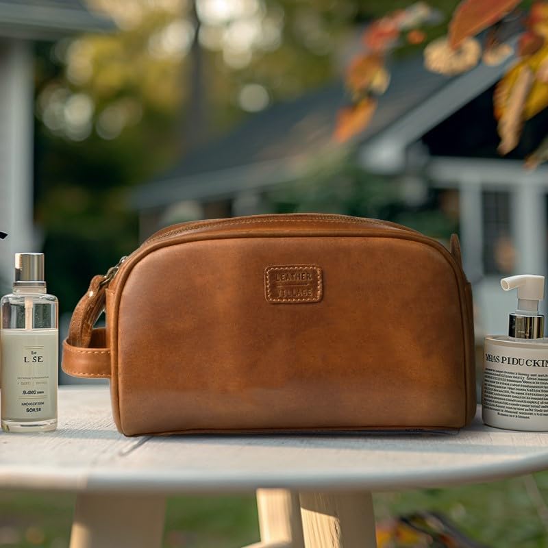 LEATHER VILLAGE Premium Leather Toiletry Travel Pouch With Waterproof Lining - Sun Tan | King-Size Handcrafted Vintage Dopp Kit Bag