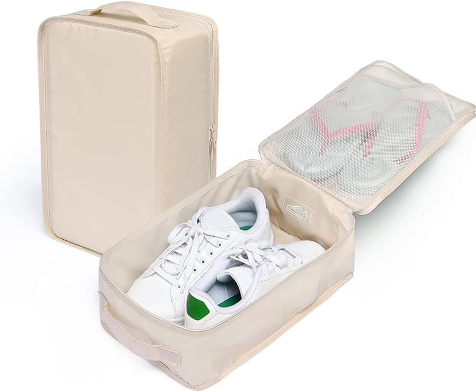 Travel Shoe Bags, Foldable Waterproof Shoe Pouches Organizer-Double Layer (2+2 Cream Shoe Bags)