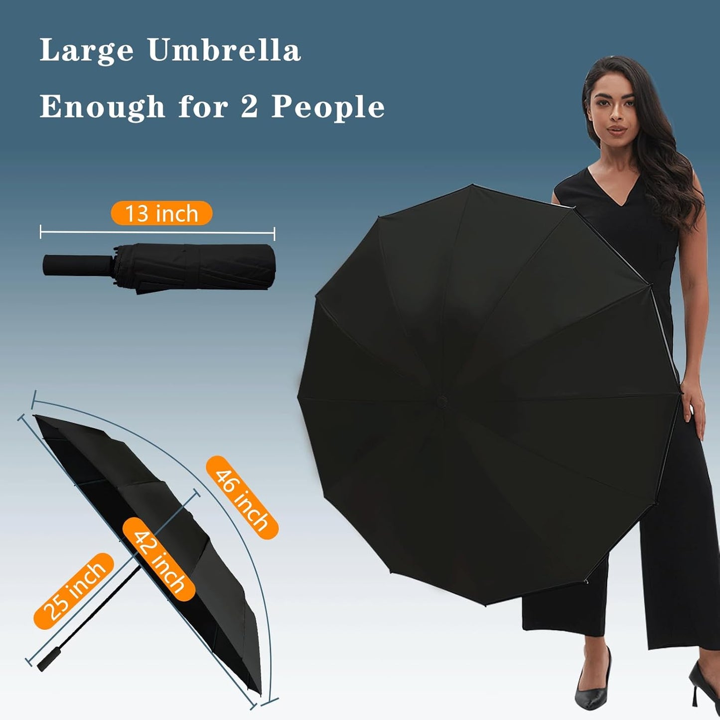 Large Double-Ribs Umbrella Automatic Folding Umbrella for Women Men, Travel, UPF 50+ UV Protection,46-Inch, 12 Ribs, Light Green