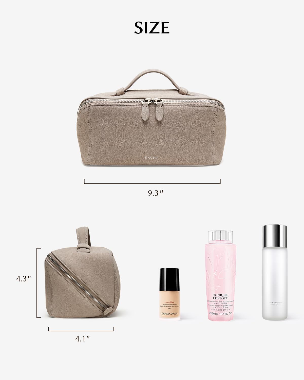 EACHY Leather Makeup Bag, Portable 180° Wide-Open Flat Cosmetic Bag for Women, Large Capacity Make Up Organizer Makeup Pouch with Divider and Handle