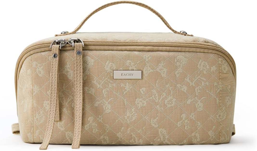 EACHY Travel Makeup Bag, Large Toiletry Bag for Women, Flat-Opening Organizer Pouch with Compartments