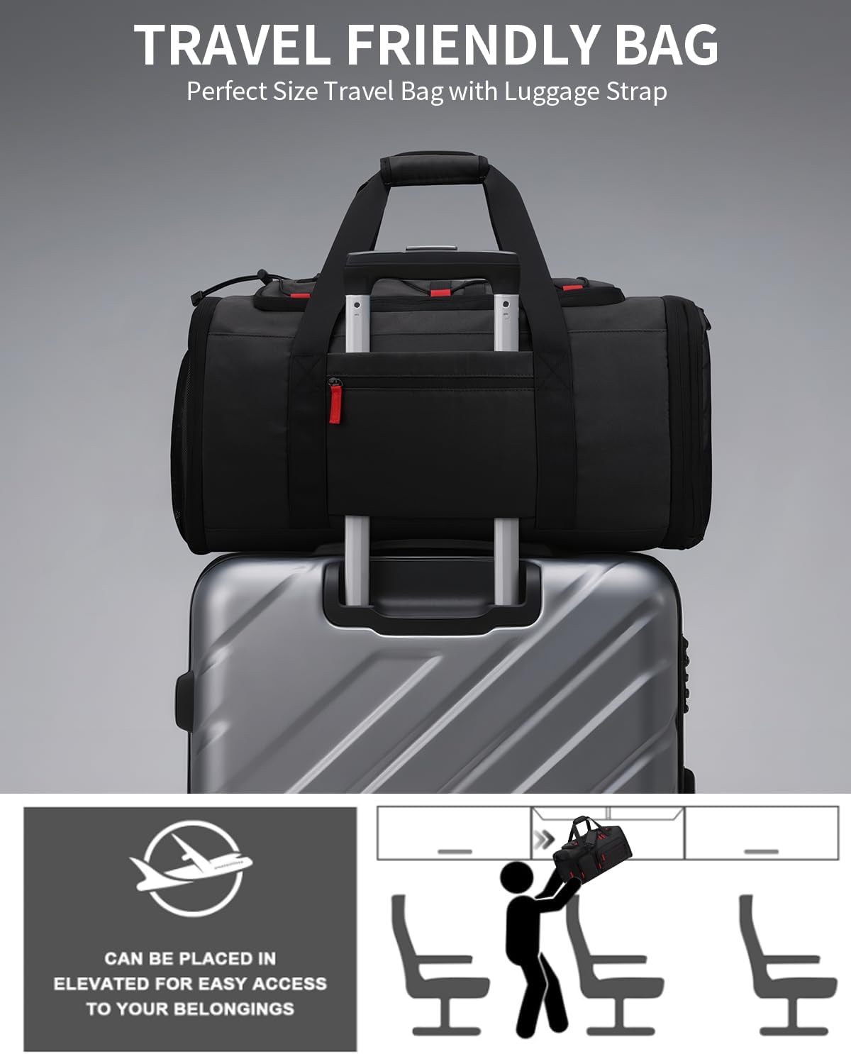 Gym Bags for Men Women, 45L Sports Travel Duffle Bag with Shoe Compartment, 3 in 1 Weekener Overnight Backpack with Wet Pocket, Black