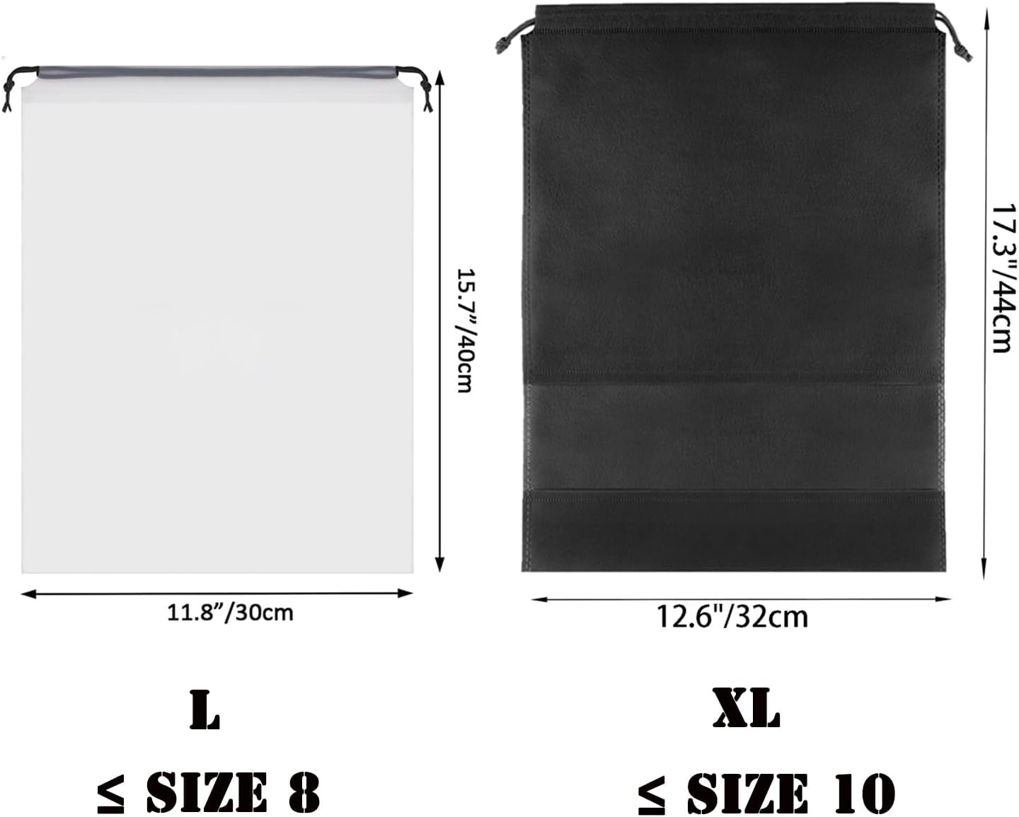 12pcs Non-woven Shoe Bags for Travel 12.6" X 17.3" Portable Shoe Bags with Clear Window, Large Drawstring Dustproof Travel Shoe Storage Bag for Men & Women, Black,XL Size