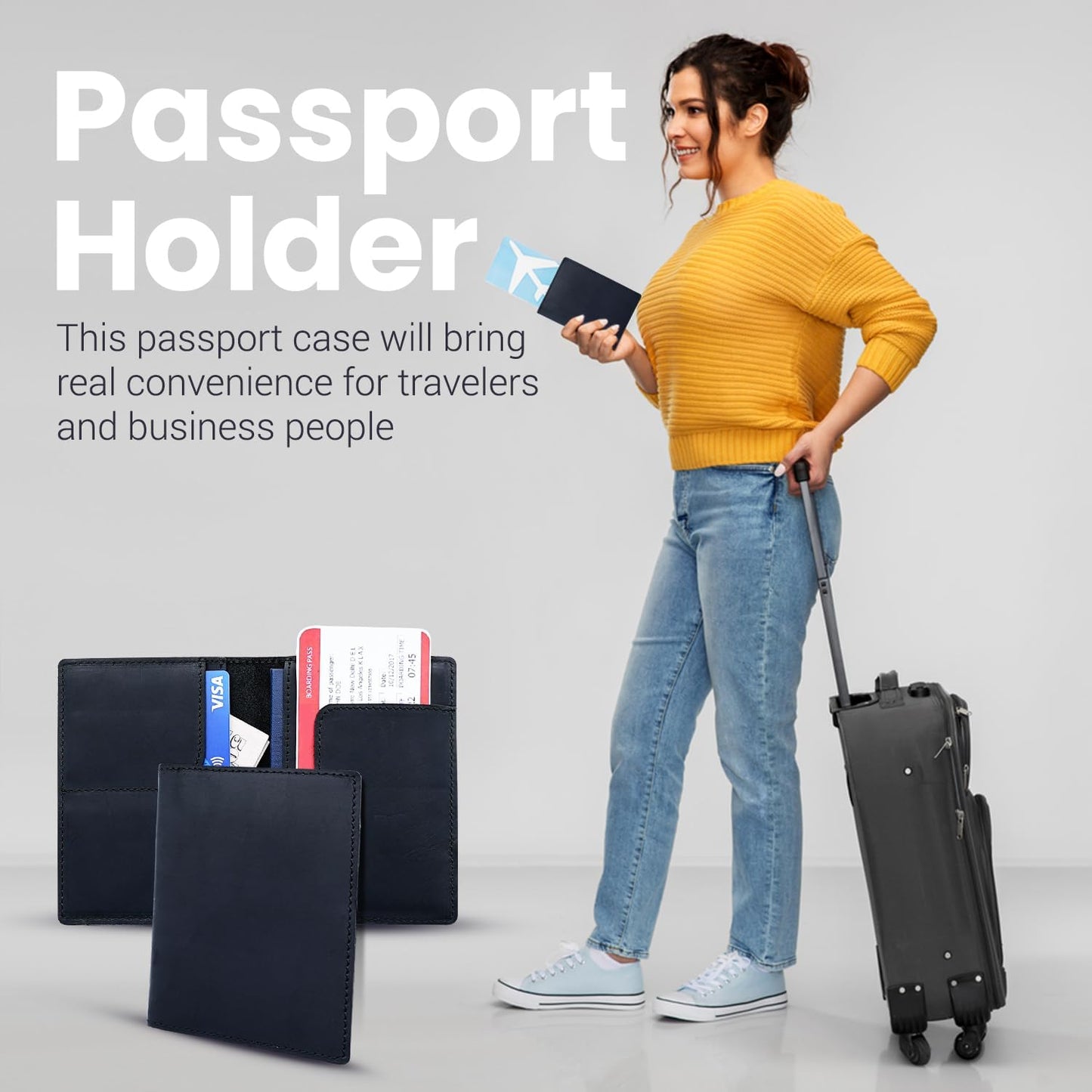 Leather Passport Holder with Travel Wallet, Genuine Leather Passport Cover- Passport Wallet, Leather Folding Wallet for Passports (Straight Cut, Black)