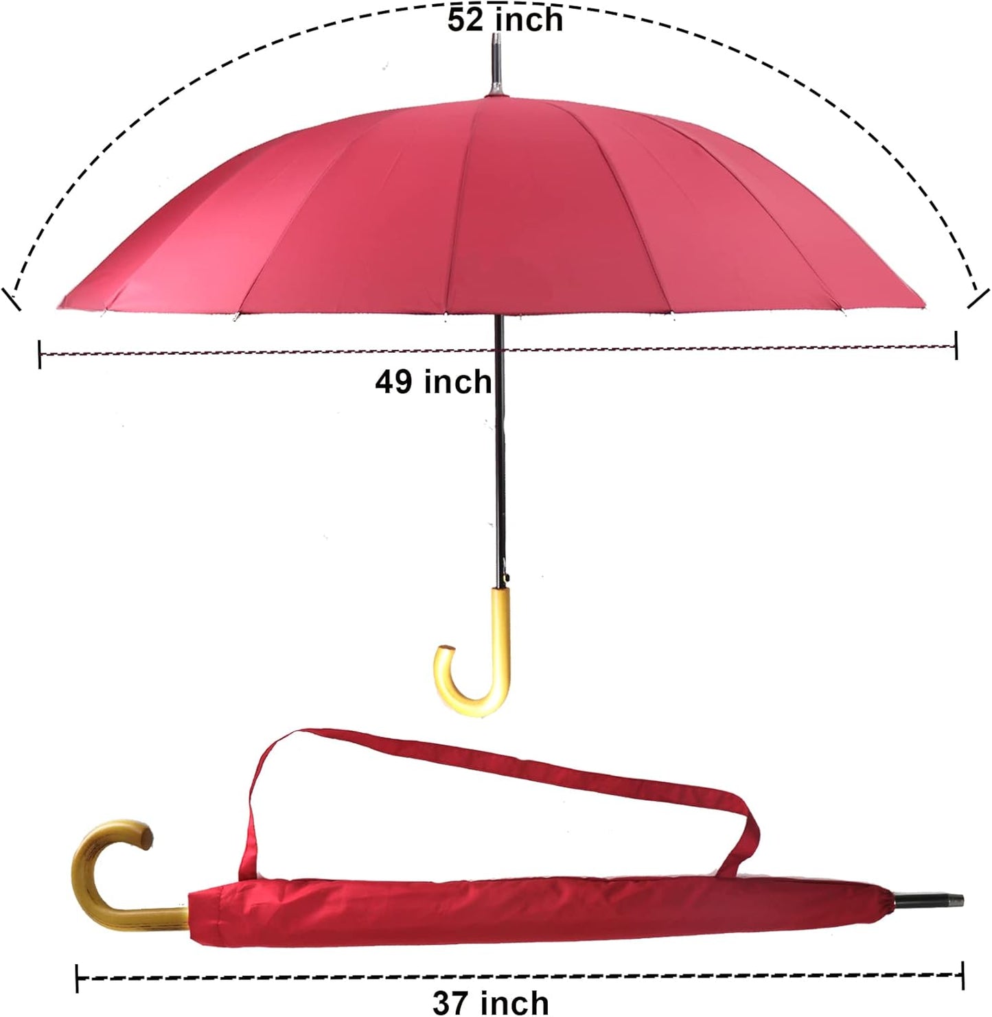 MRTLLOA 52 Inch Windproof Large Umbrellas for Rain, 16 Ribs, J Wooden Handle, 210T High-density Fabric Golf Stick Umbrella