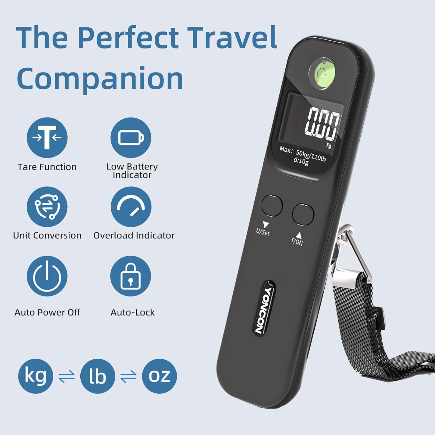 Luggage Scale - 110lb Digital Suitcase Weight Scale with LCD Display, 3 Units (lb/kg/oz) and Tare Function, Portable Travel Essentials for Backpacks, Packages and Outdoor Gear (Black)