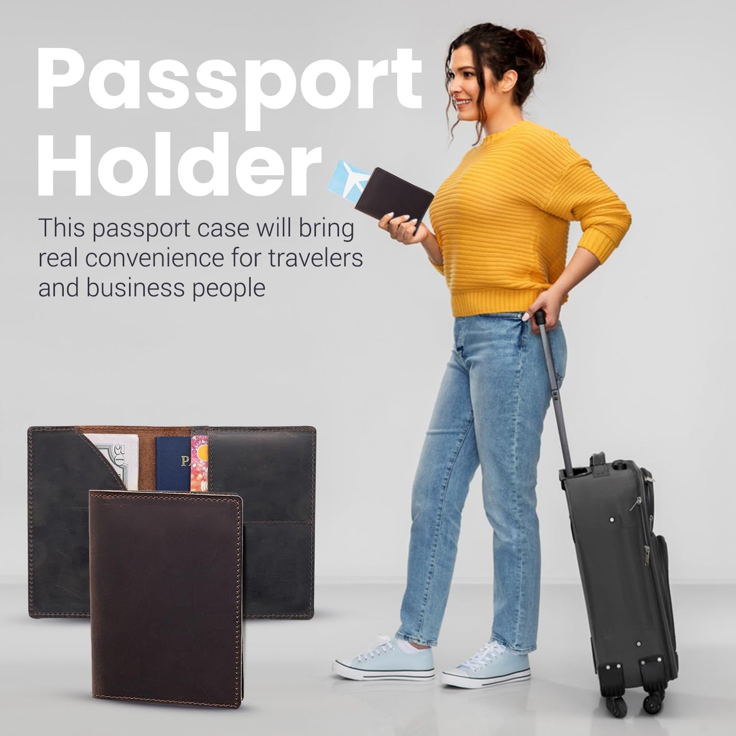 Leather Passport Holder with Travel Wallet, Genuine Leather Passport Cover- Passport Wallet, Leather Folding Wallet for Passports (Oval Cut, Dark Brown)