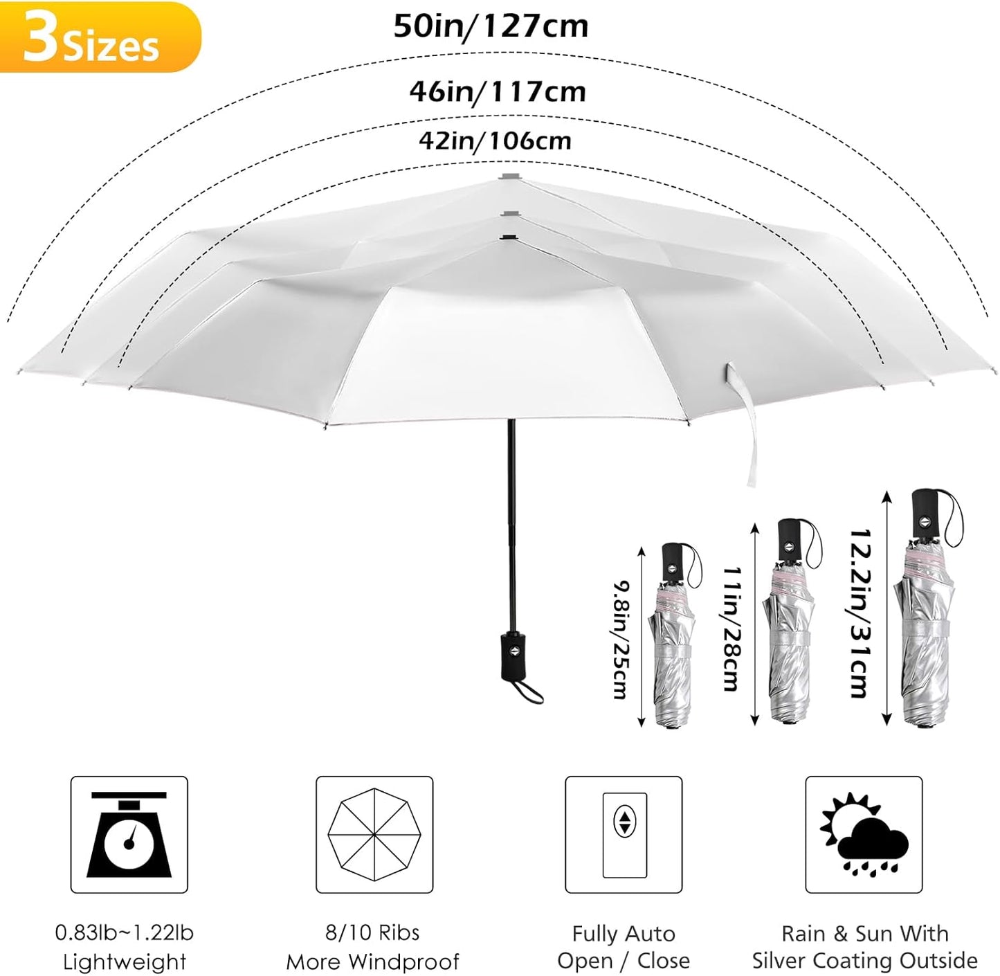 42/46/50inch Compact Umbrella Travel Size Umbrellas for Rain Waterproof And Wind Resistant Auto Open Close UPF 50+ UV Umbrella Sun Umbrellas UV Protection