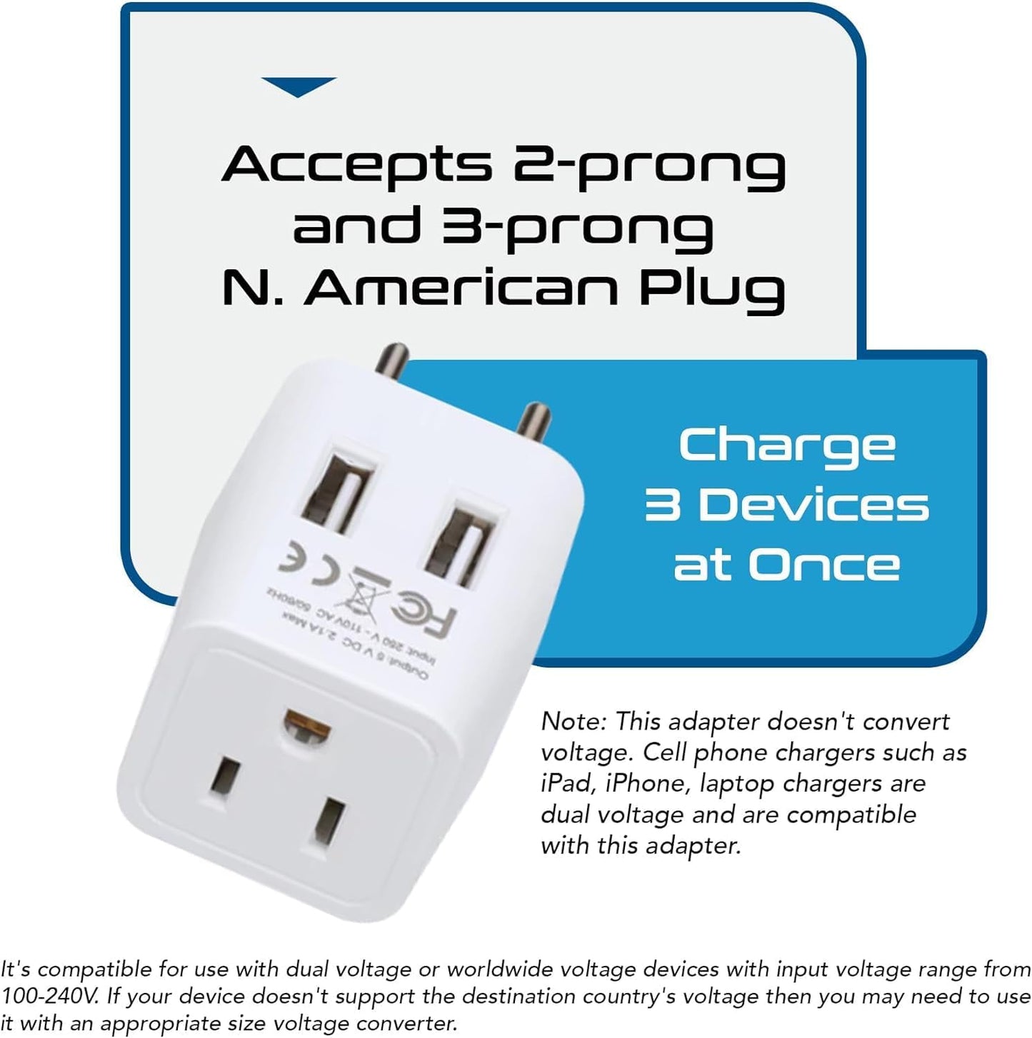 Ceptics European, Egypt Travel Adapter Plug with Dual USB - Type C - Europe - Usa Input - Light Weight - Perfect for Cell Phones, Chargers, Cameras and More - 2 Pack
