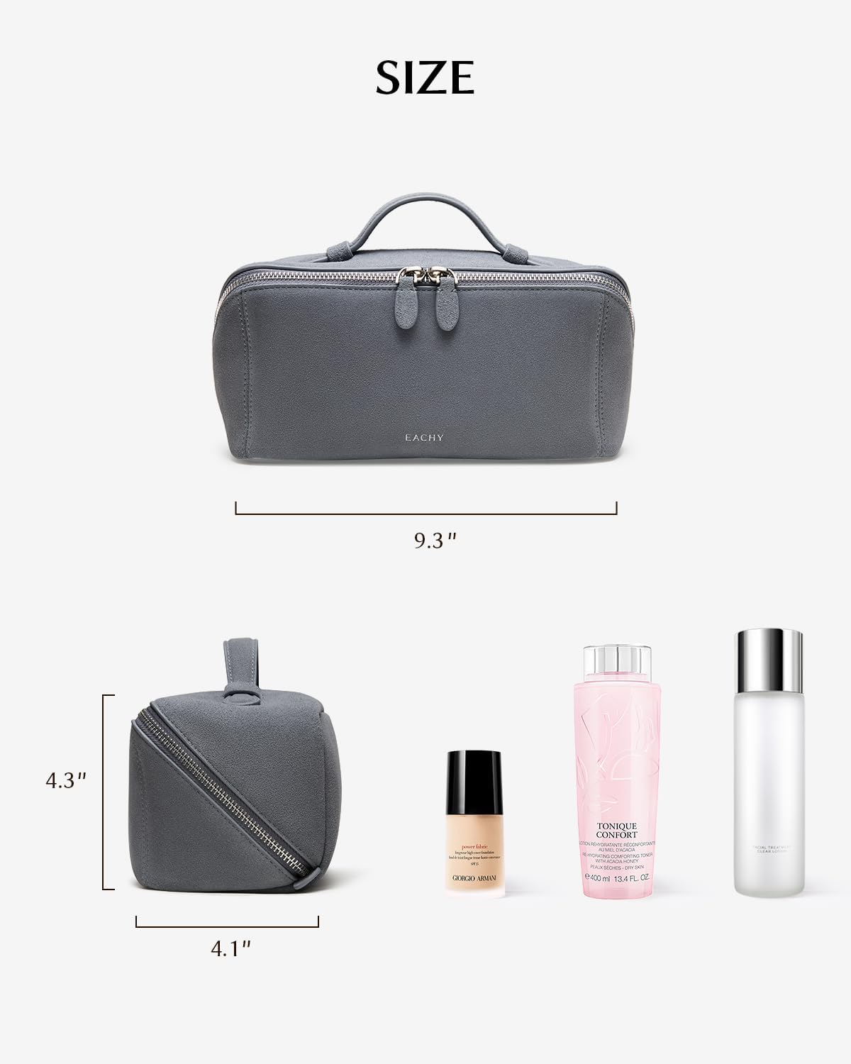 EACHY Leather Makeup Bag, Portable 180° Wide-Open Flat Cosmetic Bag for Women, Large Capacity Make Up Organizer Makeup Pouch with Divider and Handle