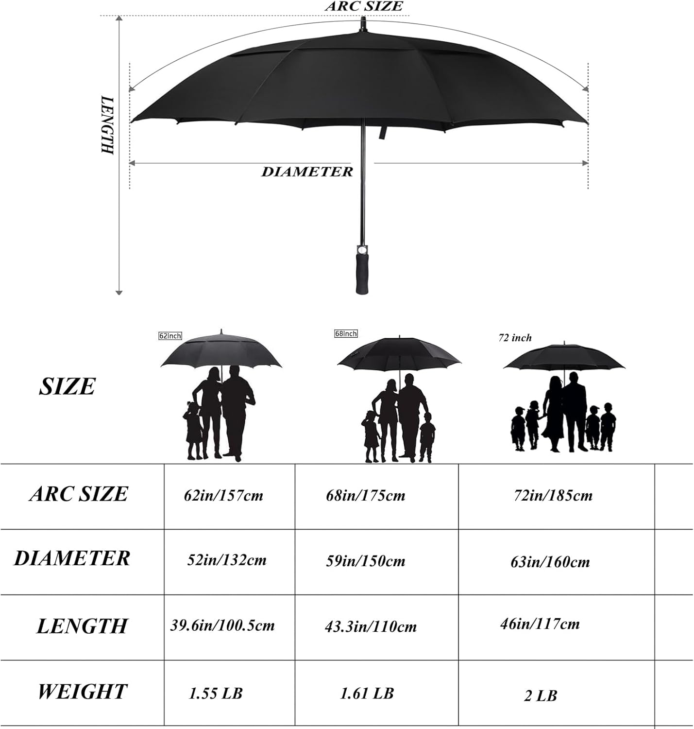 Golf Umbrella Large 58/62/68 Inch Automatic Open Golf Umbrella Extra Large Oversize Double Canopy Vented Umbrella Windproof Waterproof for Men and Women