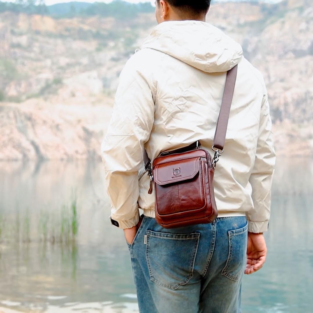 Leather Shoulder Bag for Men Casual Crossbody Bag Travel Vintage Messenger Bag Multi-function Handbag Satchel