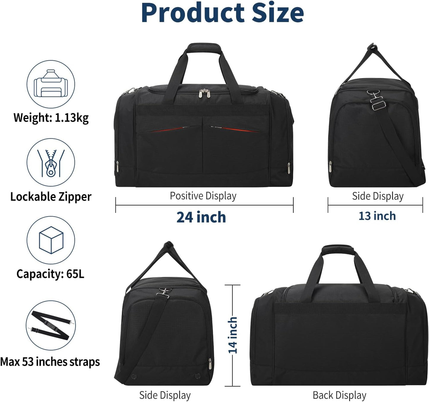 24 inch Large Gym Bag for Men - 65L Hard Bottom Duffle Bag with Shoes Compartment for Sport/Travel - Black