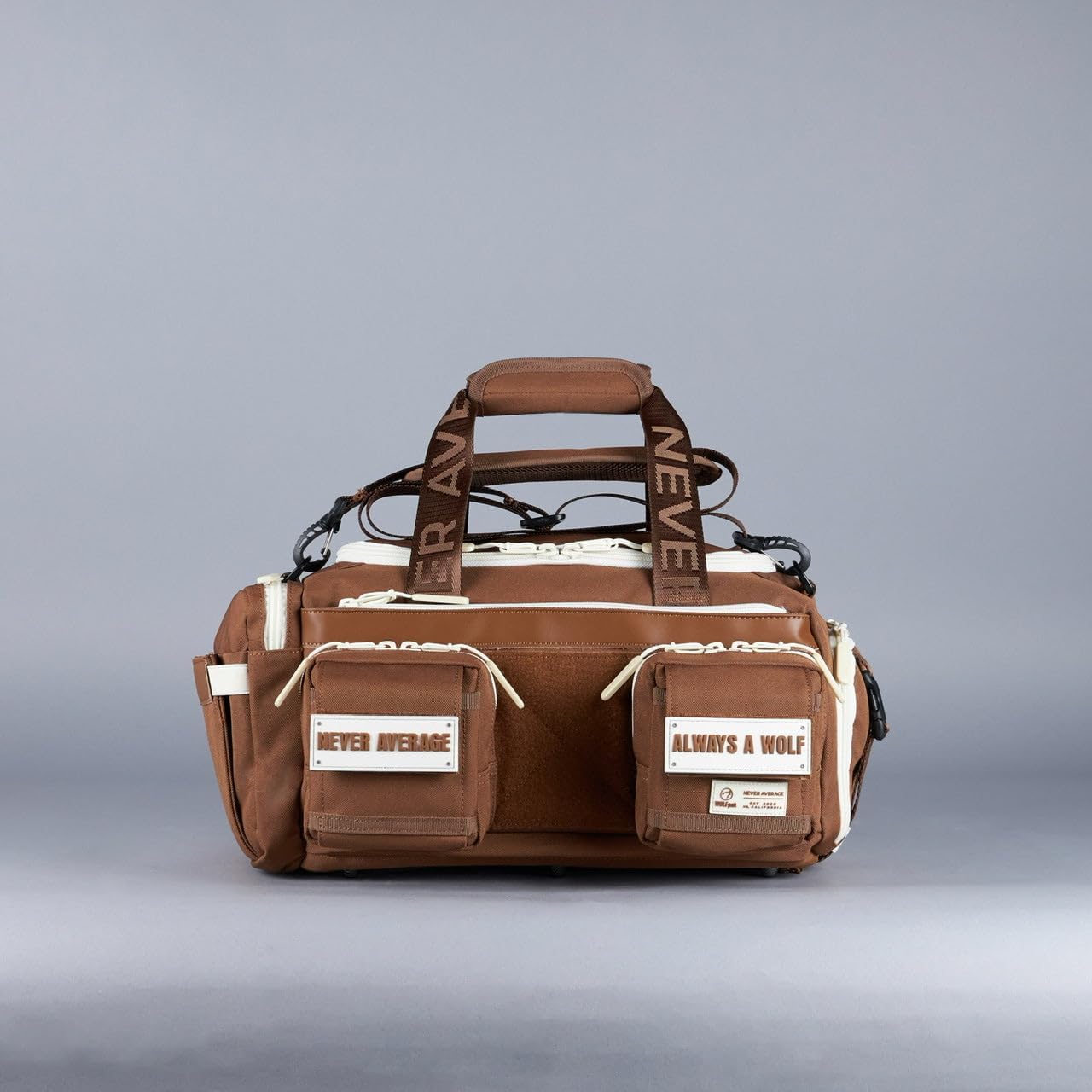 WOLFpak 20L Mini Duffle Bag for Gym & Travel | Waterproof Carry-On Weekender Bag with Shoe Compartment, Hard Bottom, and Tactical Molle System (Mocha Brown)