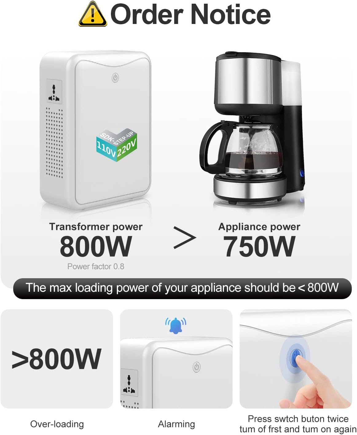 120v to 240v Step Up Transformer 1000W Power Voltage Converters, No Noise, Suit for Coffee Machines, Rice Cookers and Other Kitchen Appliances ,using 220V Asia Euro Appliance in US