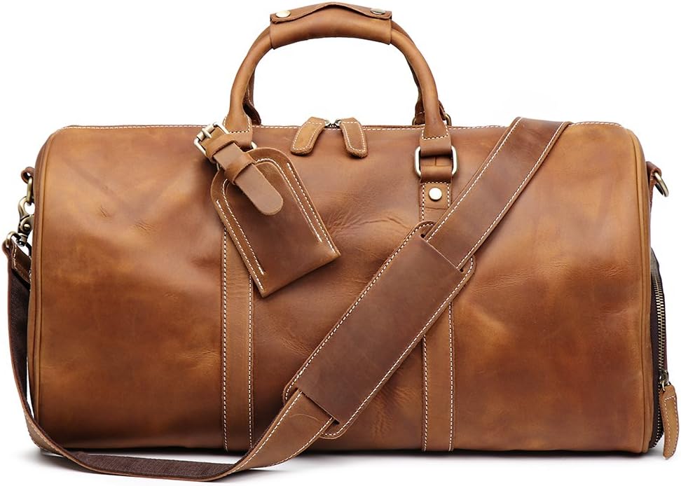 Leather Travel Luggage Bag, Mens Duffle Retro Carry on Handbag (Brown, 22 Inch)