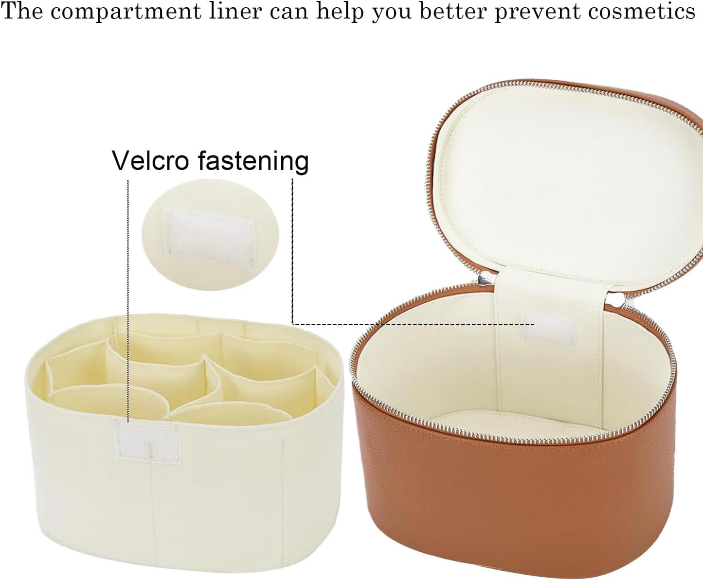 Leather Make Up Bags With Compartments, Brown travel Cosmetic Bags for Women, Parallel Makeup Travel Bags Organizer Equipped With a Detachable Divider