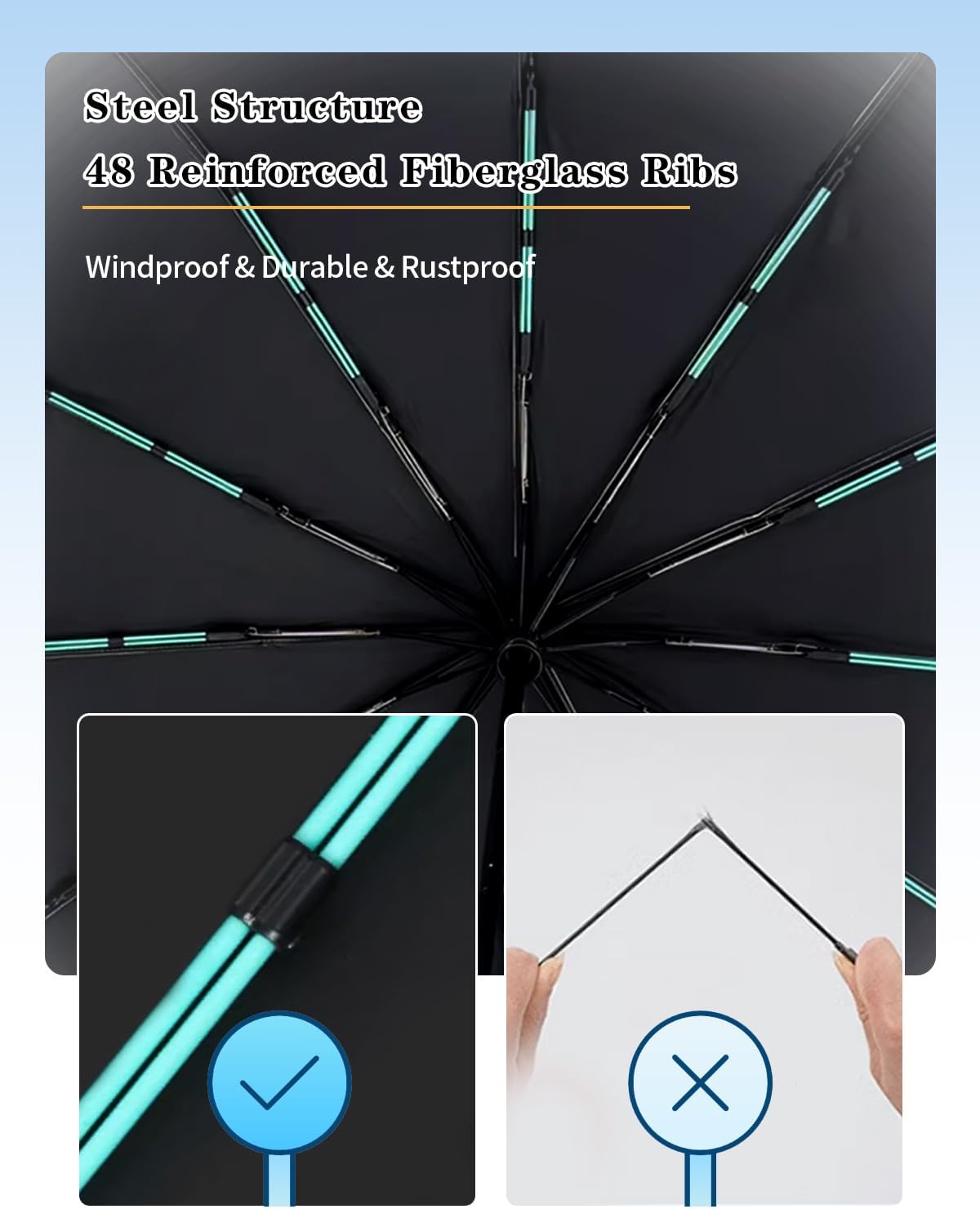 Large Double-Ribs Umbrella Automatic Folding Umbrella for Women Men, Travel, UPF 50+ UV Protection,46-Inch, 12 Ribs, Light Green