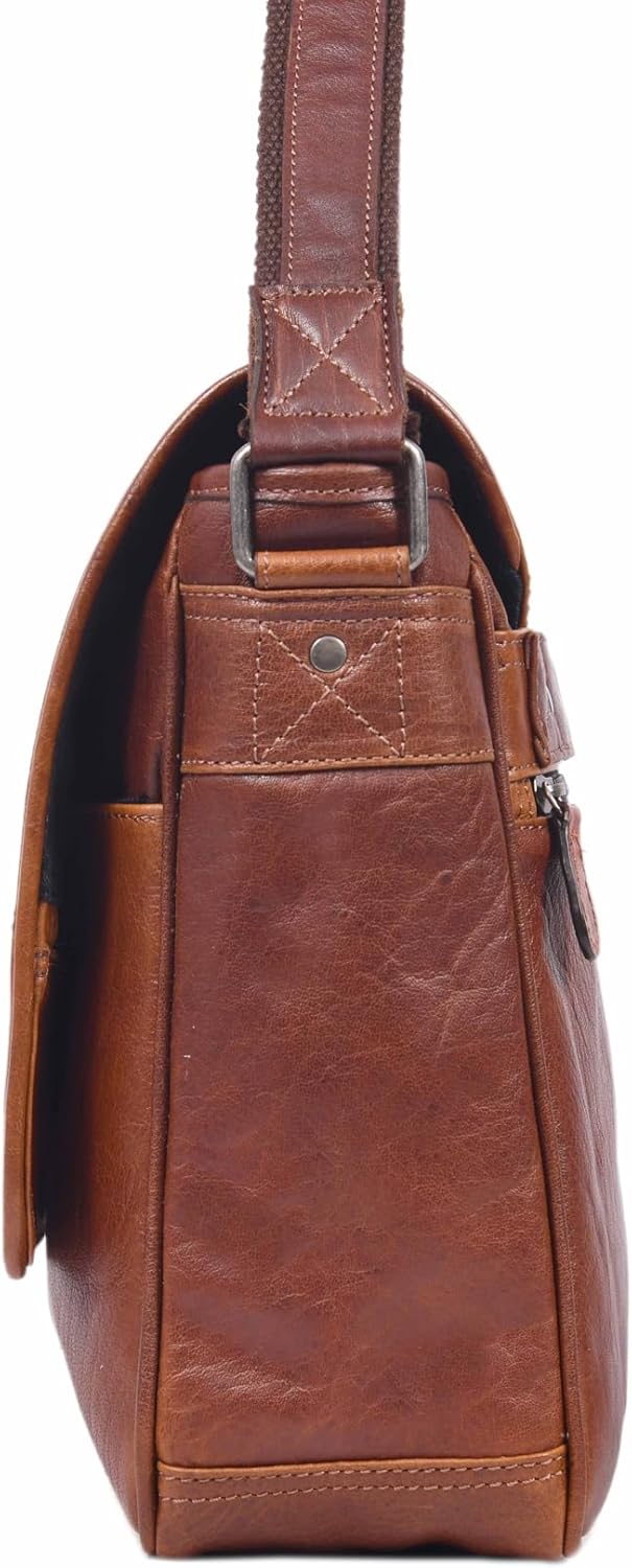 16" Crossbody Bag Leather Laptop Messenger Bag For Men with trolley sleeve for school office (Cognac Brown)