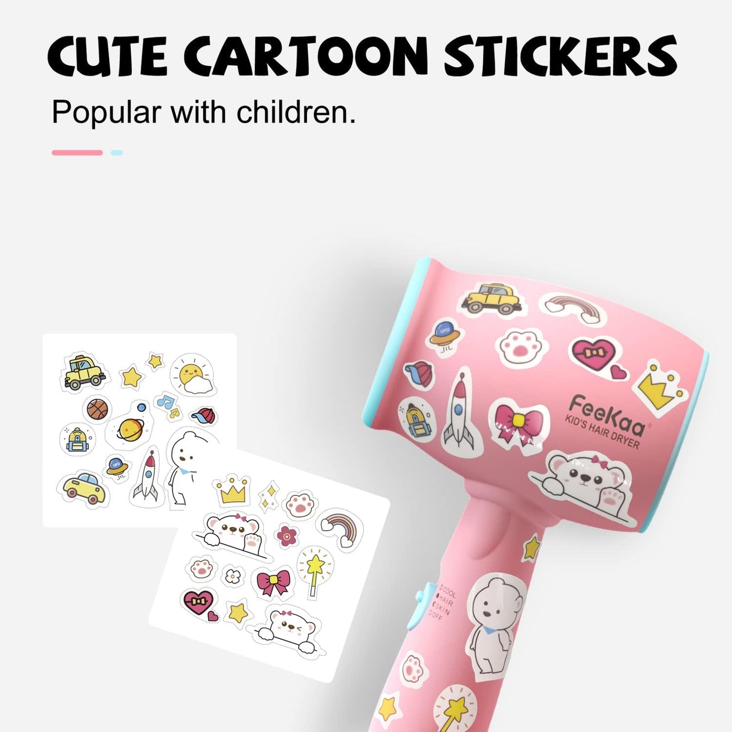 FeeKaa Kids Hair Dryer, Pink, 500 Watt, Lightweight, Gentle Heat, Safe for Kids, Anti-Scald Design