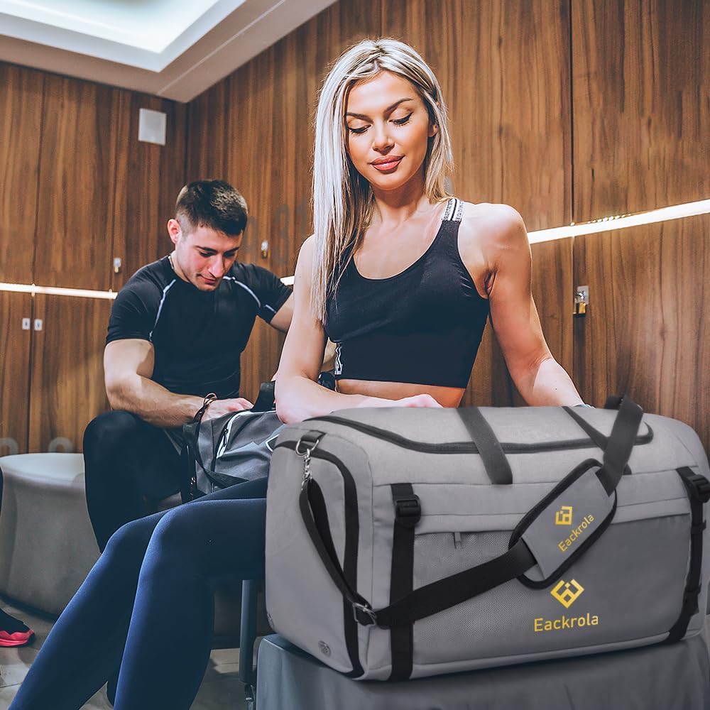Eackrola Large Sports Gym Bag, Travel Duffel bag with Wet Pocket & Shoes Compartment for men women, 65L, Lightweight(Light Gray)