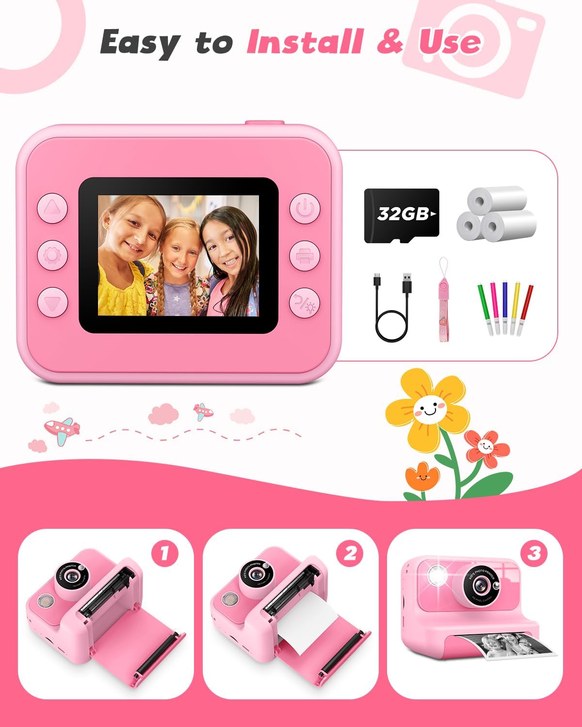 Instant Print Camera for Kids, 1080P Digital Video Cameras, Christmas Birthday Gifts Toys for Age 3-12, Toddler Camera for 4 5 6 7 8 9 10 Year Old Girls - Pink