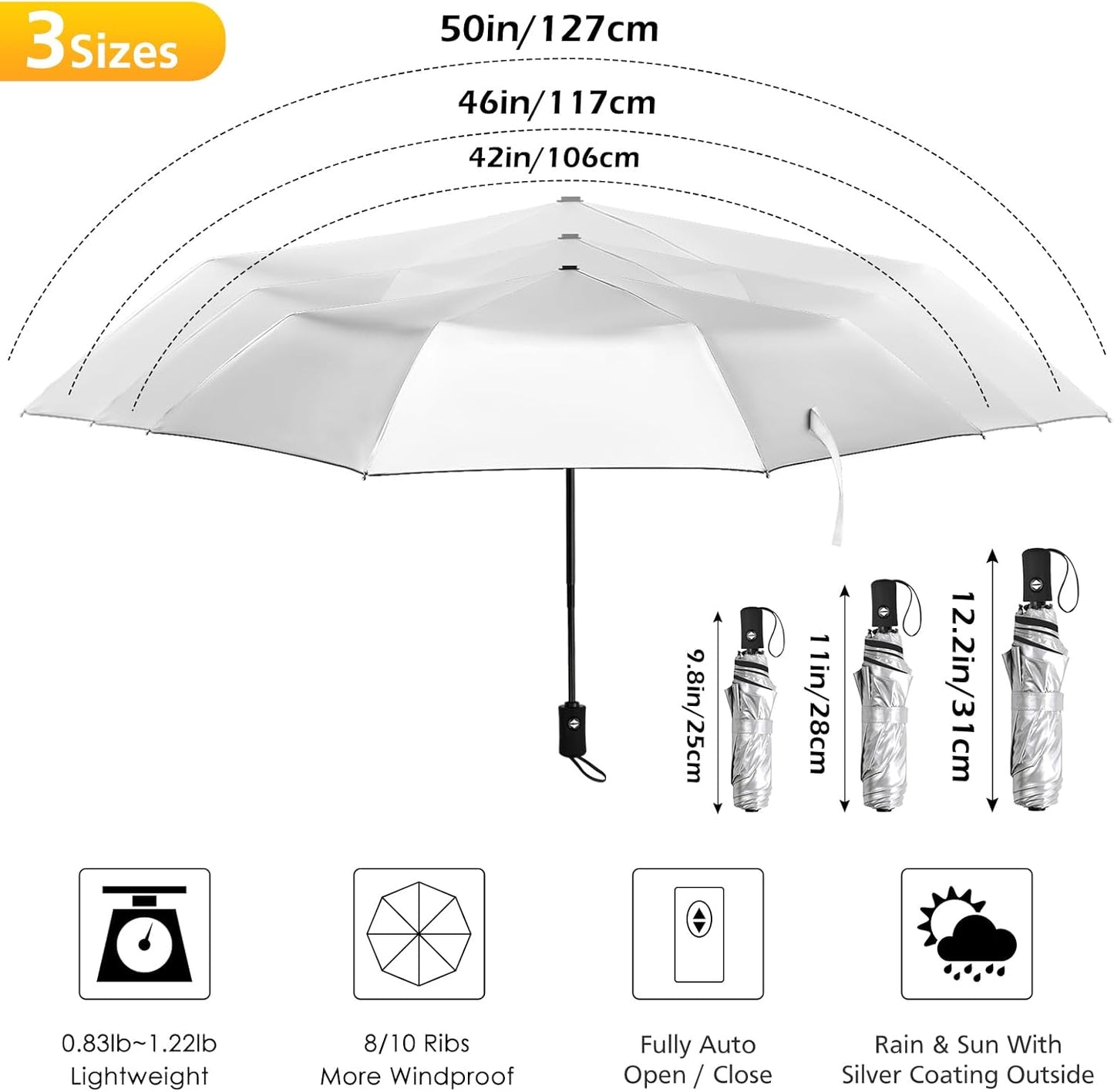 42/46/50inch Compact Umbrella Travel Size Umbrellas for Rain Waterproof And Wind Resistant Auto Open Close UPF 50+ UV Umbrella Sun Umbrellas UV Protection