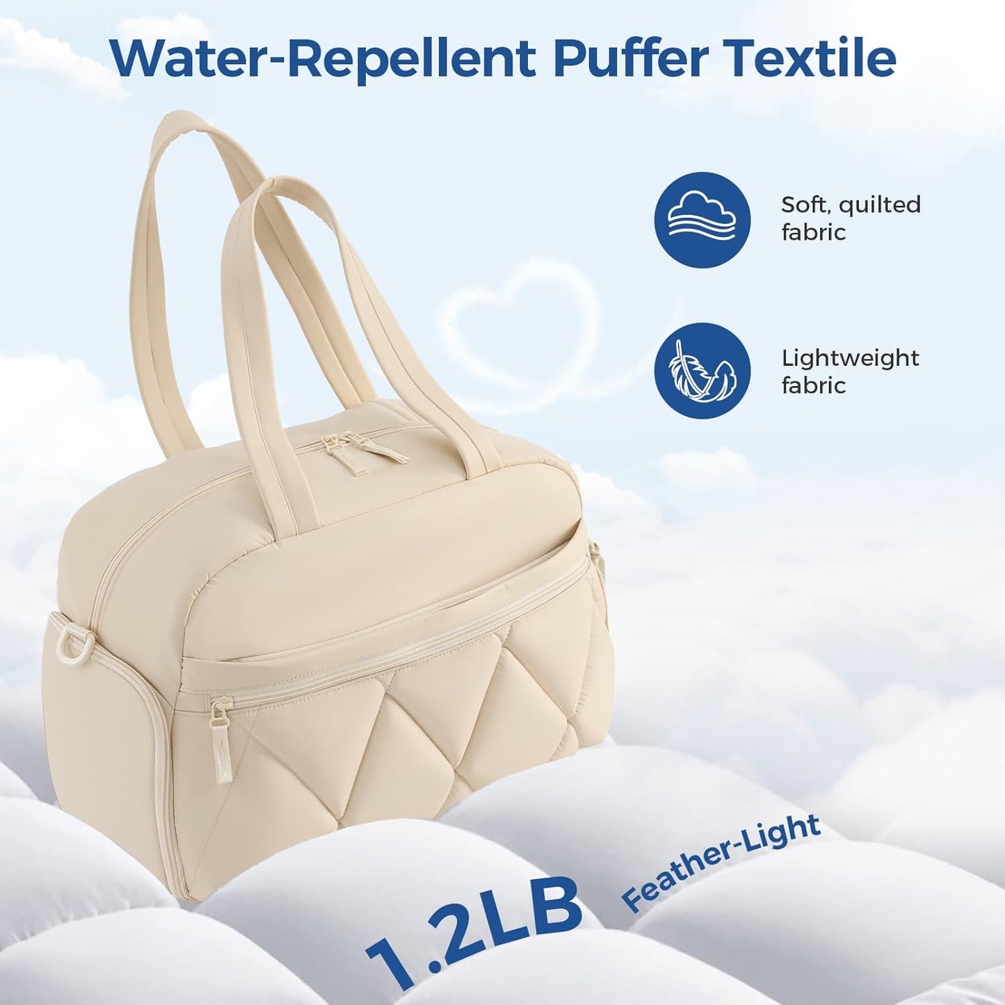 Gym Bag for Women, Puffer Travel Duffle Bag With Shoes Compartment & Wet Pocket, Carry On Tote Bag For Weekender, Overnight, Sport (Beige)