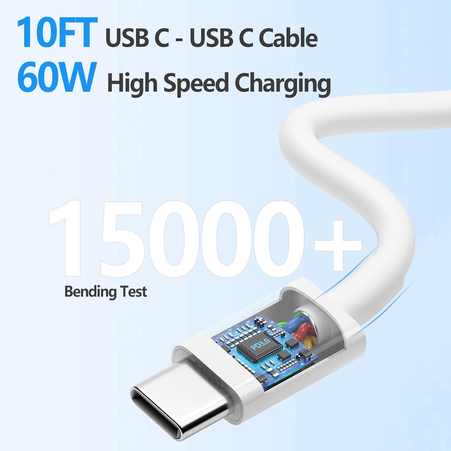 10ft Cable for Apple iPhone 16 15 Charger, Dual C Fast Charging, 2in1 Double C Fast Charge Block with Long USB C to C Charge Cord for iPhone 16 Pro Max/16 Pro/16/16E, 15 Pro Max/15 Pro/15 Plus, 2Pack