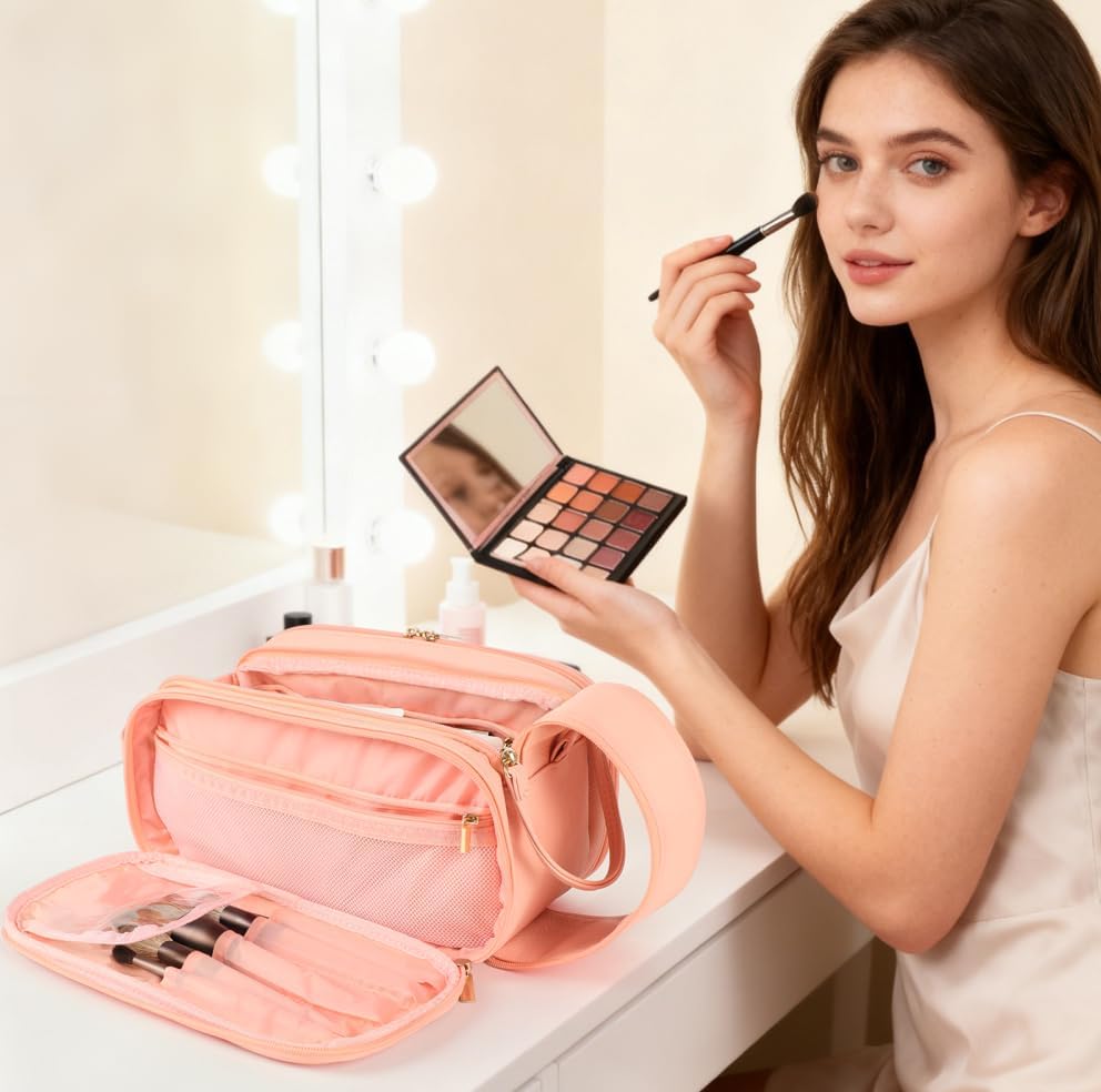 Makeup Bag - Large Travel Toiletry Bag with Double Zipper, Water-Resistant Cosmetic Organizer for Women, Toiletries & Skin Storage