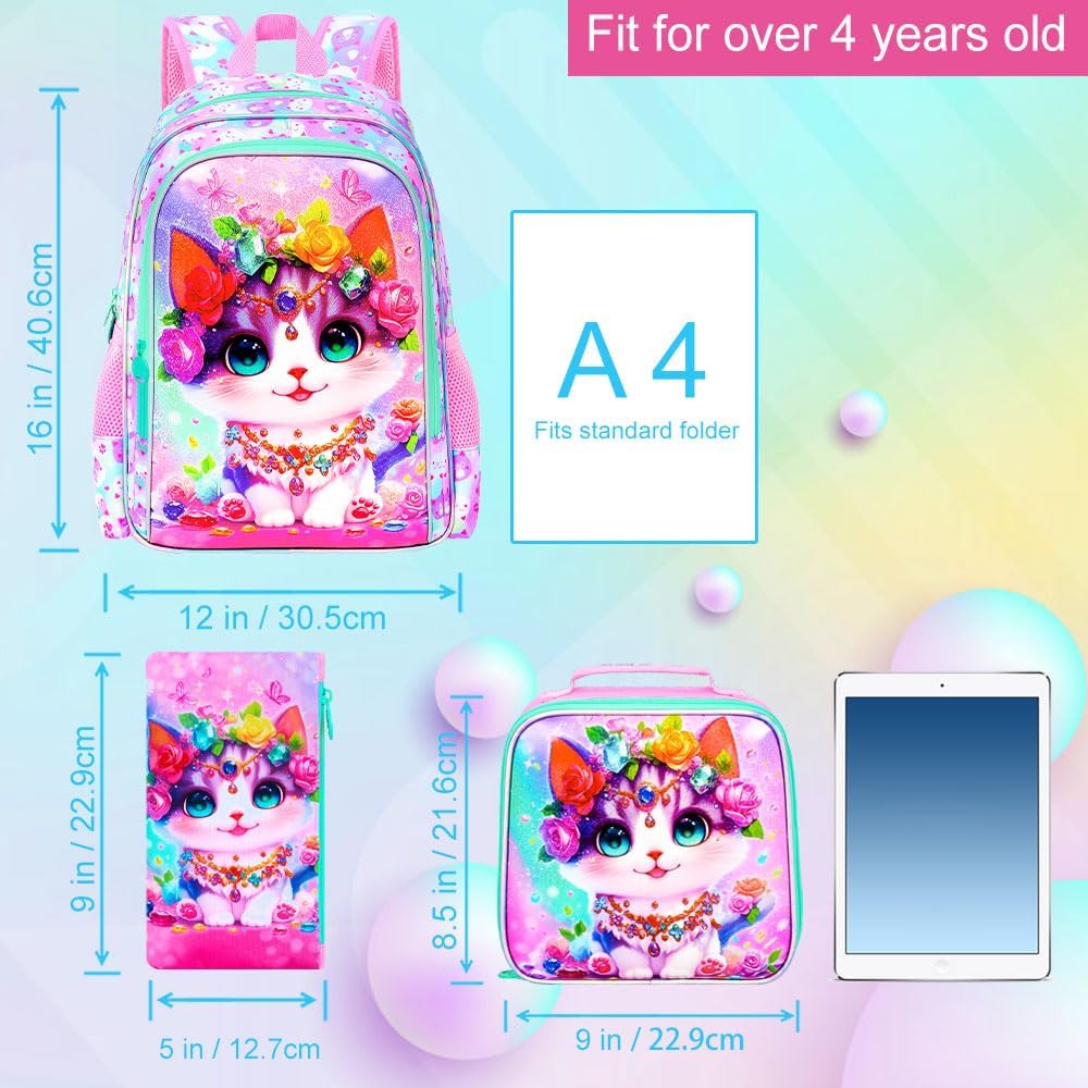 16" Cat Backpack for School, Girls Kids Bookbag with Lunch Box,3Pcs Backpacks for Elementary Preschool Kindergarten (Pink)
