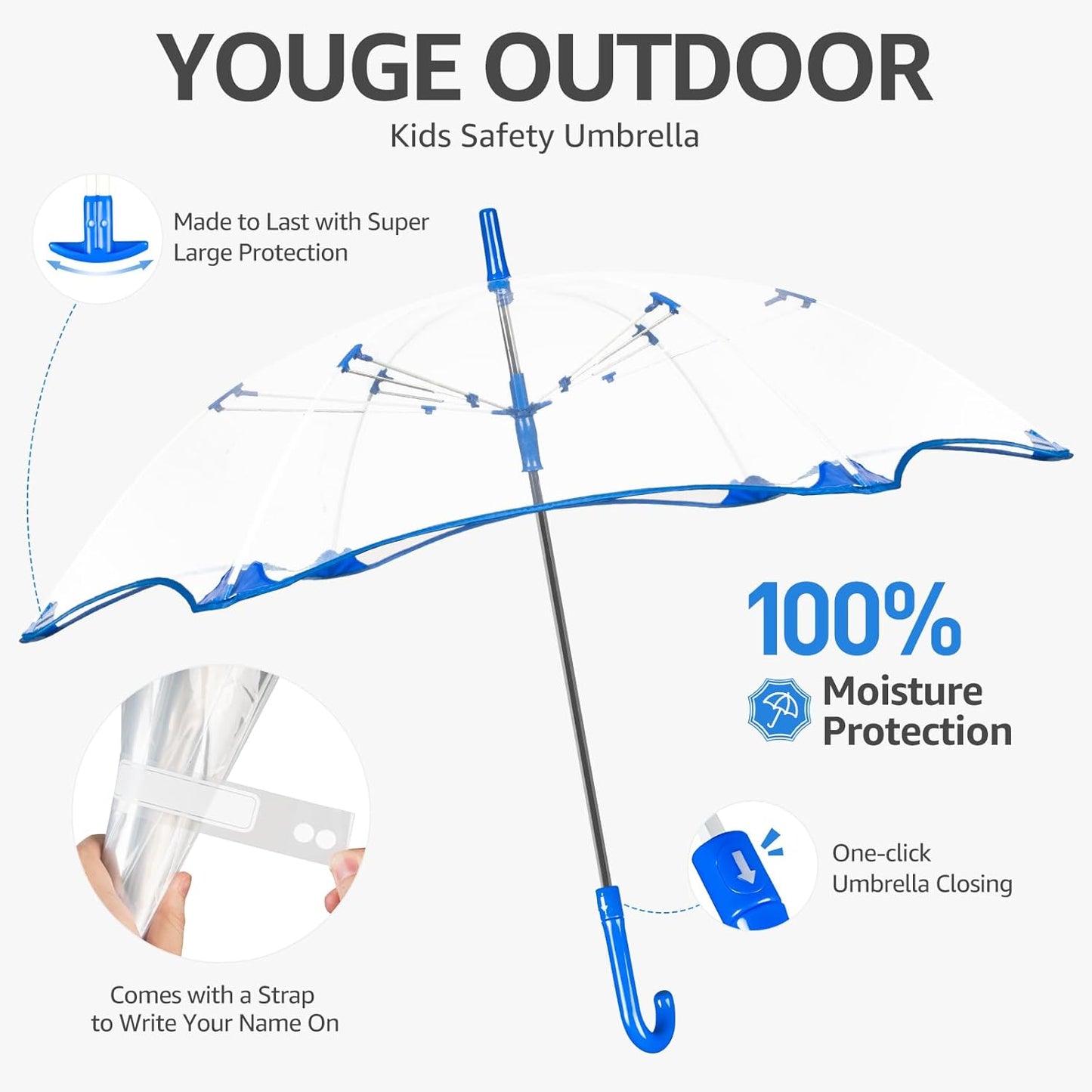 2Pcs Kids Clear Umbrella for Rain, Round Bubble Umbrella,Wide Coverage Arc 43 Inch,Auto Close,Windproof Strong Double Fiberglass Ribs With Spring Supporting for Each 6 Panels, Steel Shaft, Spoke Big Protectors for Safety