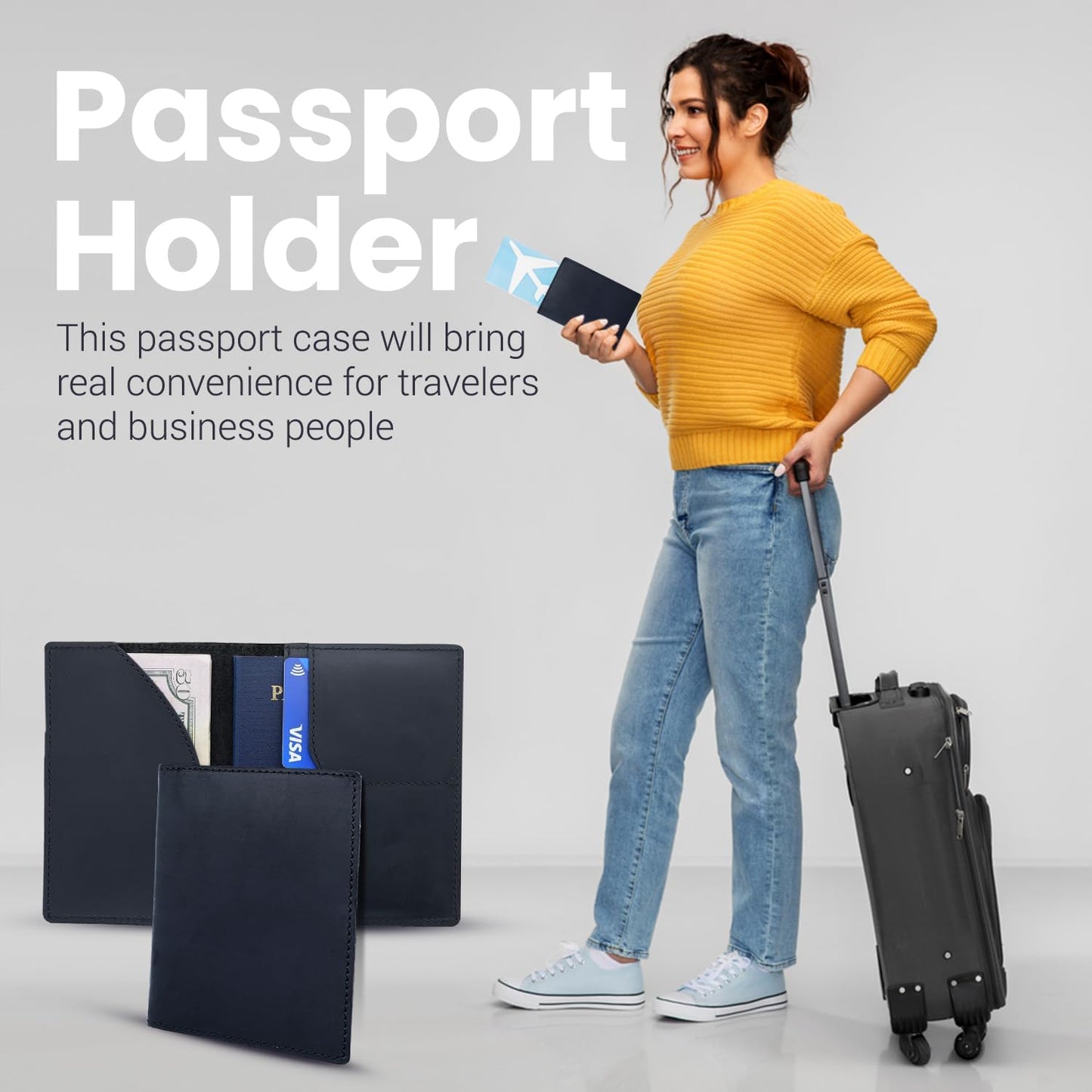 Leather Passport Holder with Travel Wallet, Genuine Leather Passport Cover- Passport Wallet, Leather Folding Wallet for Passports (Oval Cut, Black)