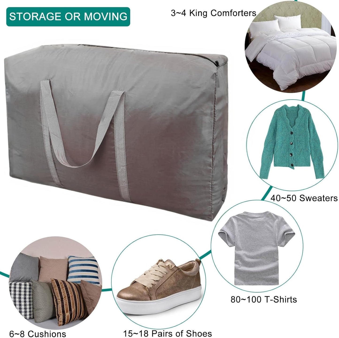 100L Extra Large Storage Bags, Big Moving Bags with Strong Zippers & Carrying Handles, Packing Bags for Moving, Storage, Travel and Camping, Storage Totes For Space Saving (Grey, 4 Pack)