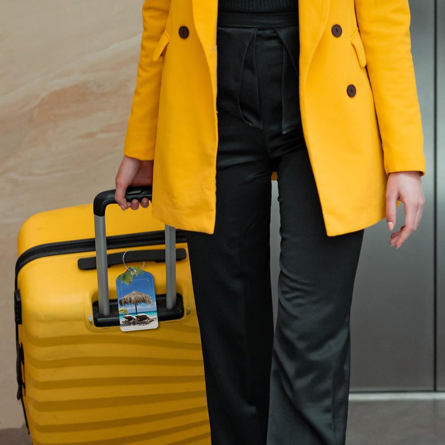 Set of 2 Luggage Tags Chairs and Umbrella in Palm Beach Leather Suitcases Tag with Privacy Cover Stainless Steel Loop and Address Card for Women Men Travel