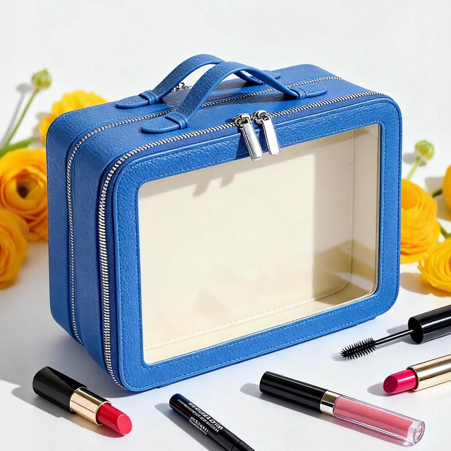 Clear Makeup Bag,Large Toiletry Case for Women,PU Leather Travel Cosmetic Bag,Detachable Makeup Case,Double Compartment Make up Organizer