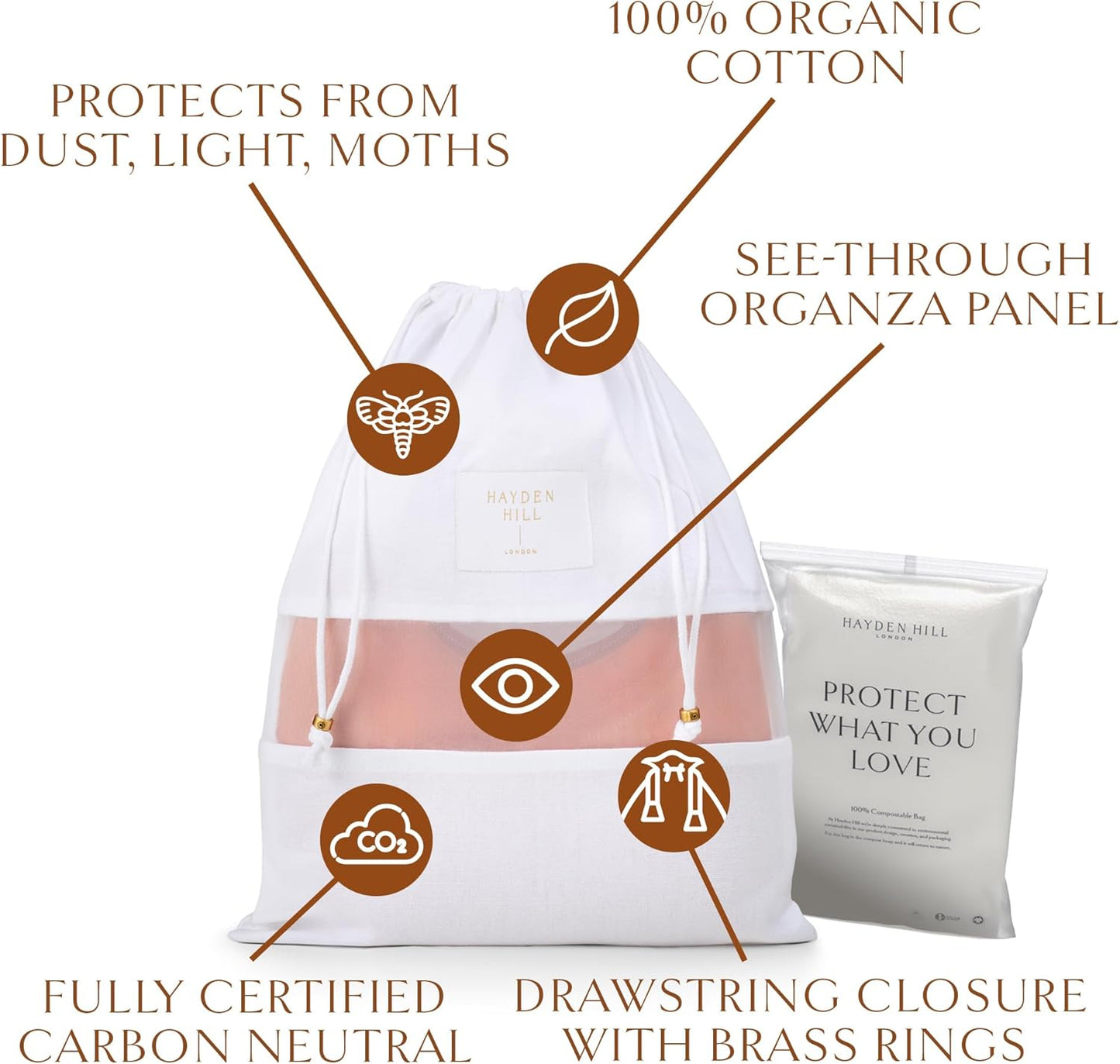 Hayden Hill Luxury Organic Cotton Dust Bags For Handbags - 6 Pack Mixed Sizes - Handbag, Purse and Shoe Storage - Certified Carbon Neutral