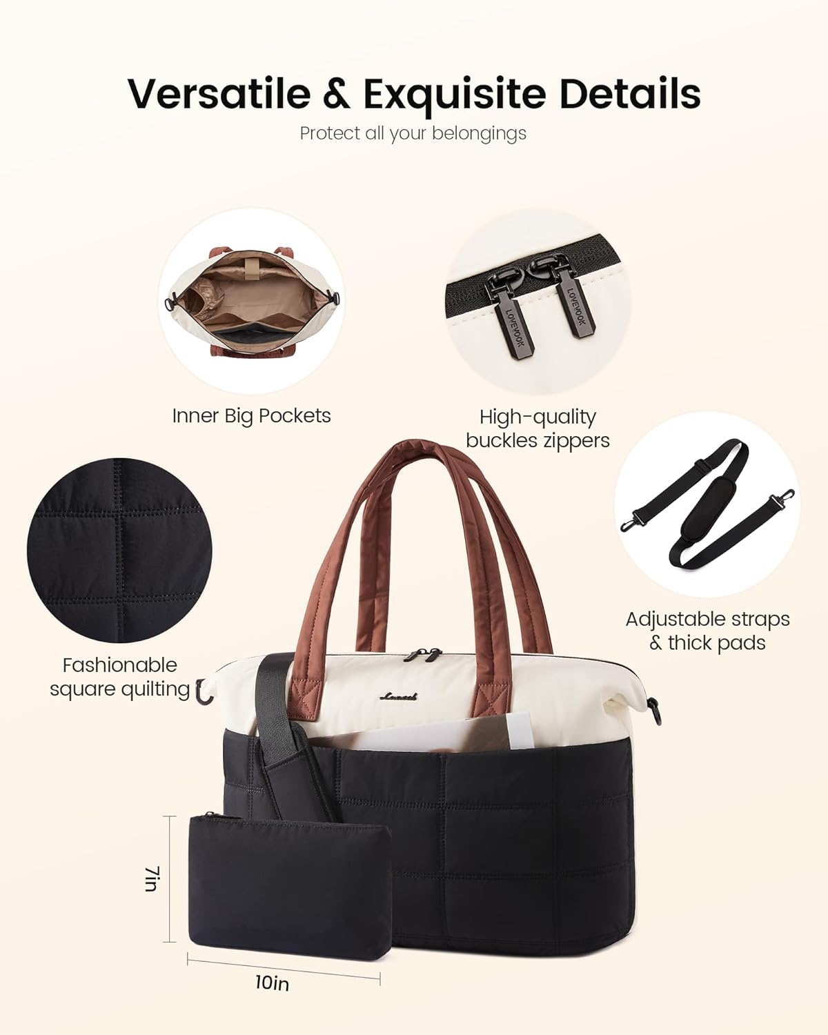 LOVEVOOK Quilted Duffle Bag for Travel,48L Gym Bag for Women with Wet Pocket,Water Resistant Weekender Overnight Bag Tote Bag for Women with Laptop Compartment(Black White Brown)