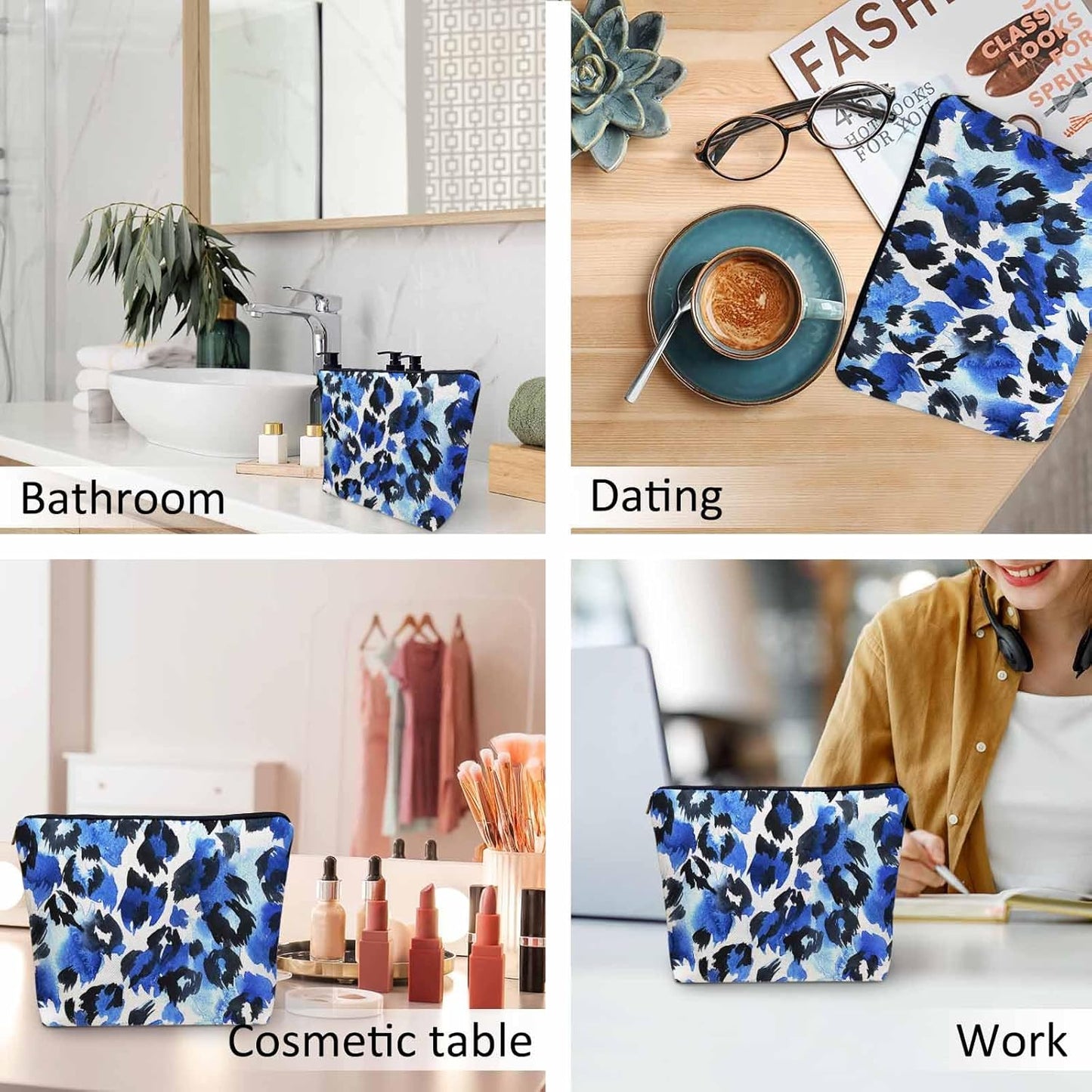 Leopard Print Makeup Bag For Women, Leopard Skin Adorable Cosmetic Bag Makeup Bags, Leopard Fur Zipper Bag Travel Bags Toiletry Organizers Pouch Bags Washing Bags For Gym Bathroom Blue Black