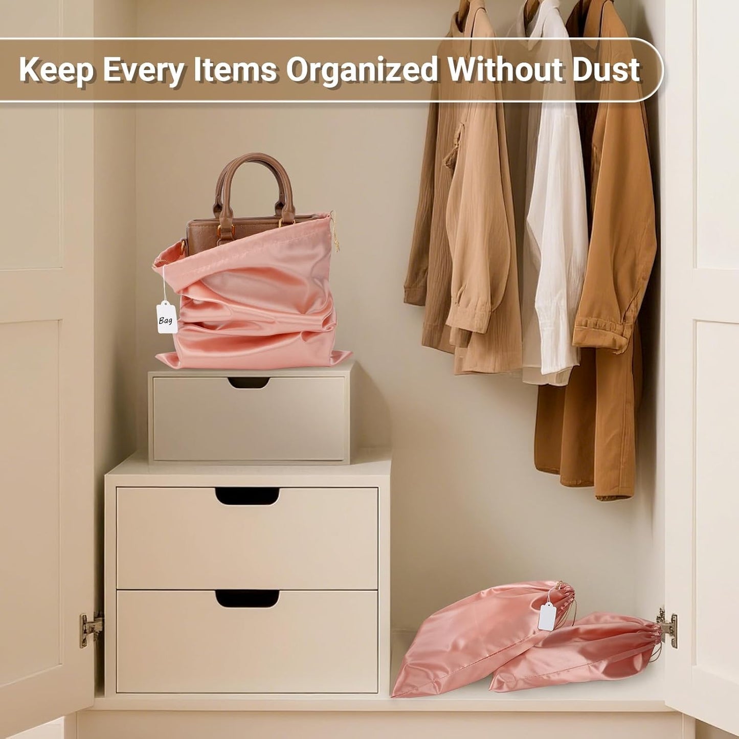 Ewen 7 Pack of 11.8x15.7in Pink Orange Dust Bags for Shoes, Satin Purse Storage Bags, Pouches Covers for Travel, Dust Cover Bag for Handbag, Closet Organizer Protectors, Silk Cloth Bag with Drawstring