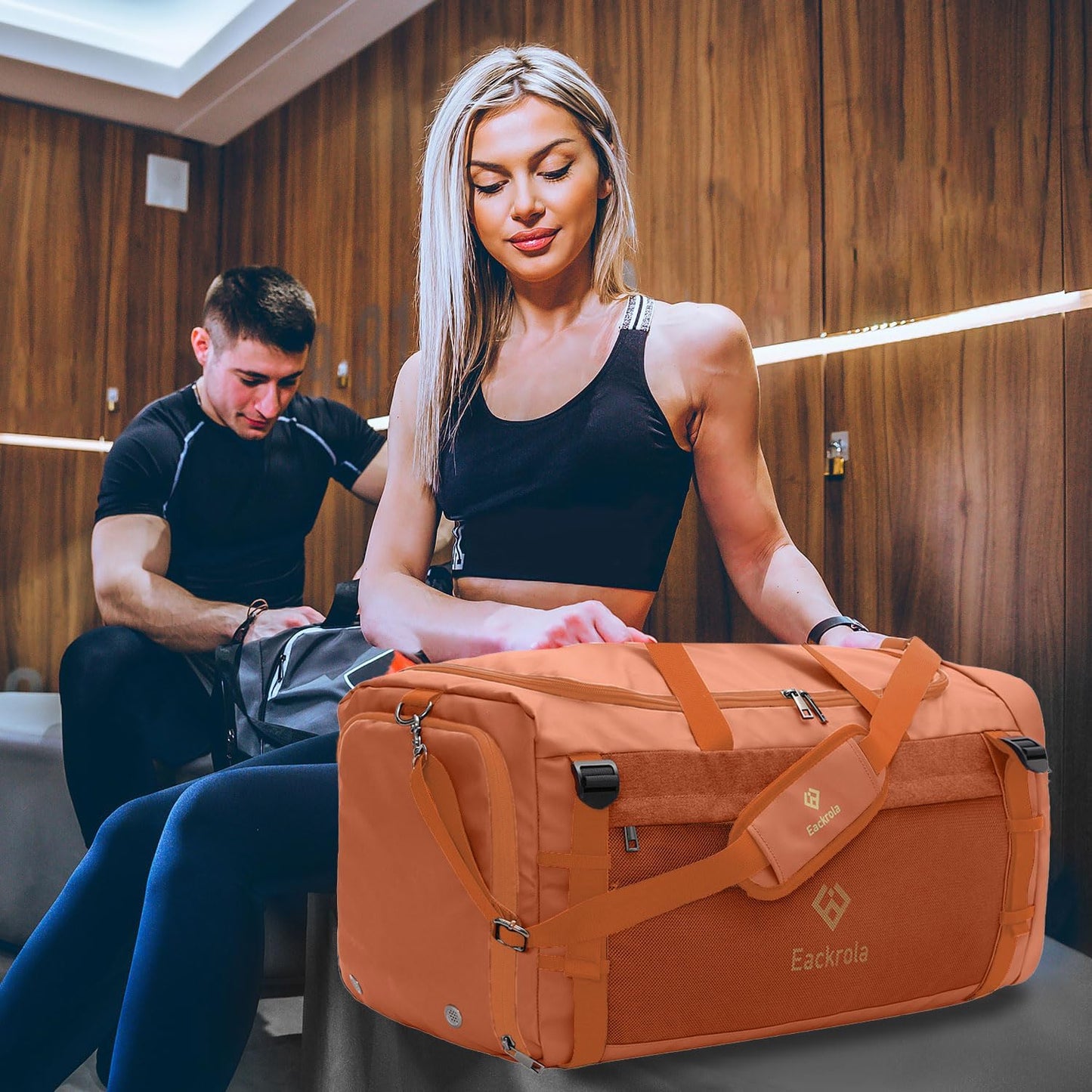 Eackrola Large Sports Gym Bag, Travel Duffel bag with Wet Pocket & Shoes Compartment for men women, 65L, Lightweight(Orange)