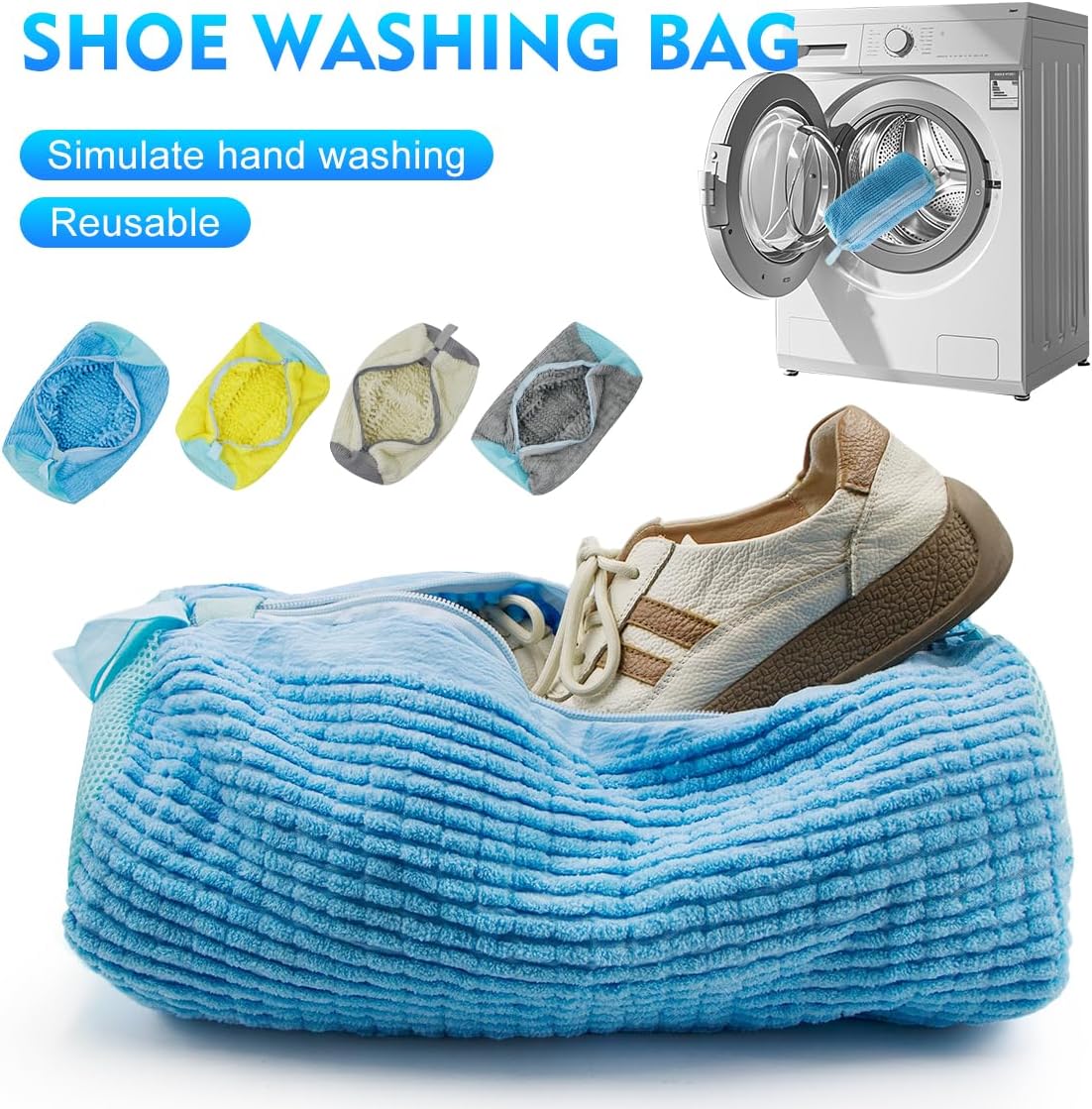 Reusable Shoe Washing Bag for Washing Machine - Simulate Hand Wash, Protect Shoes & Fit All Footwear - Large Capacity Laundry Bag for Sneakers, Flats & Kids Shoes 2 PCS (Blue)