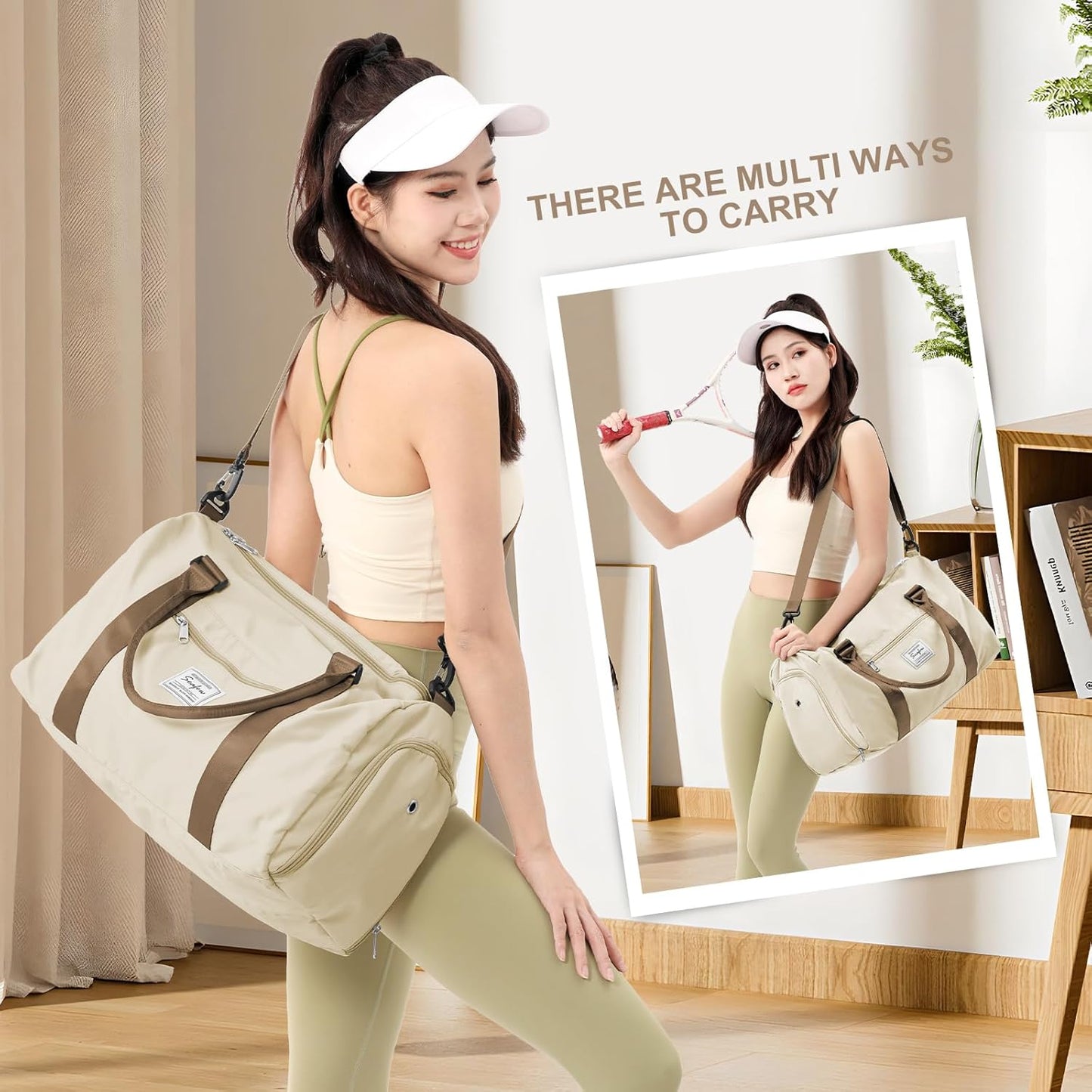 Gym Bag for Women with Shoes Compartment,Small Duffel Bag Sport bag with Toiletry Bag Overnight Travel Tote Bags Weekender Carry on Bags Personal Item Bag for Airlines Beige Brown