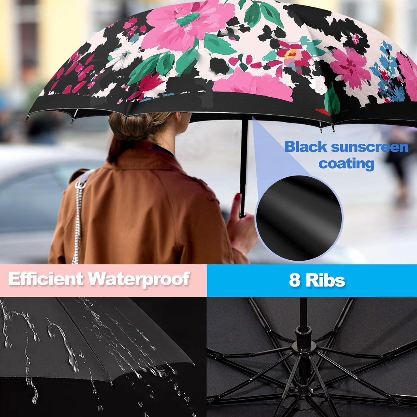 Small Travel Folding Umbrella for Girl, Portable, UV, SunShade, Compact, Automatic, Rain & Wind