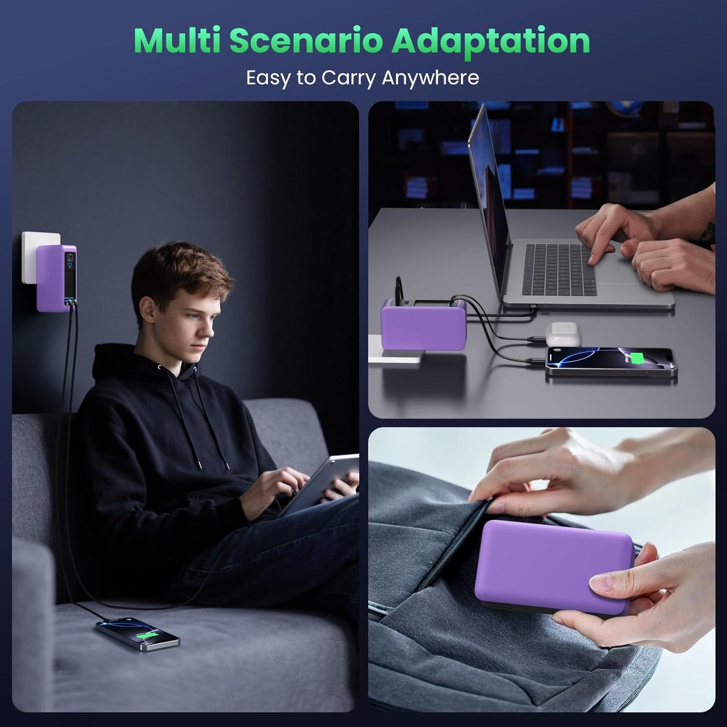 120W USB C Charger Block with 2 Built-in Retractable Cables,4-in-1 GaN IV Foldable Plug Wall Charger Fast Charging Station,PD 65W Laptop Adapter for MacBook/iPad,iPhone 17/16/15,Galaxy,Android-Purple