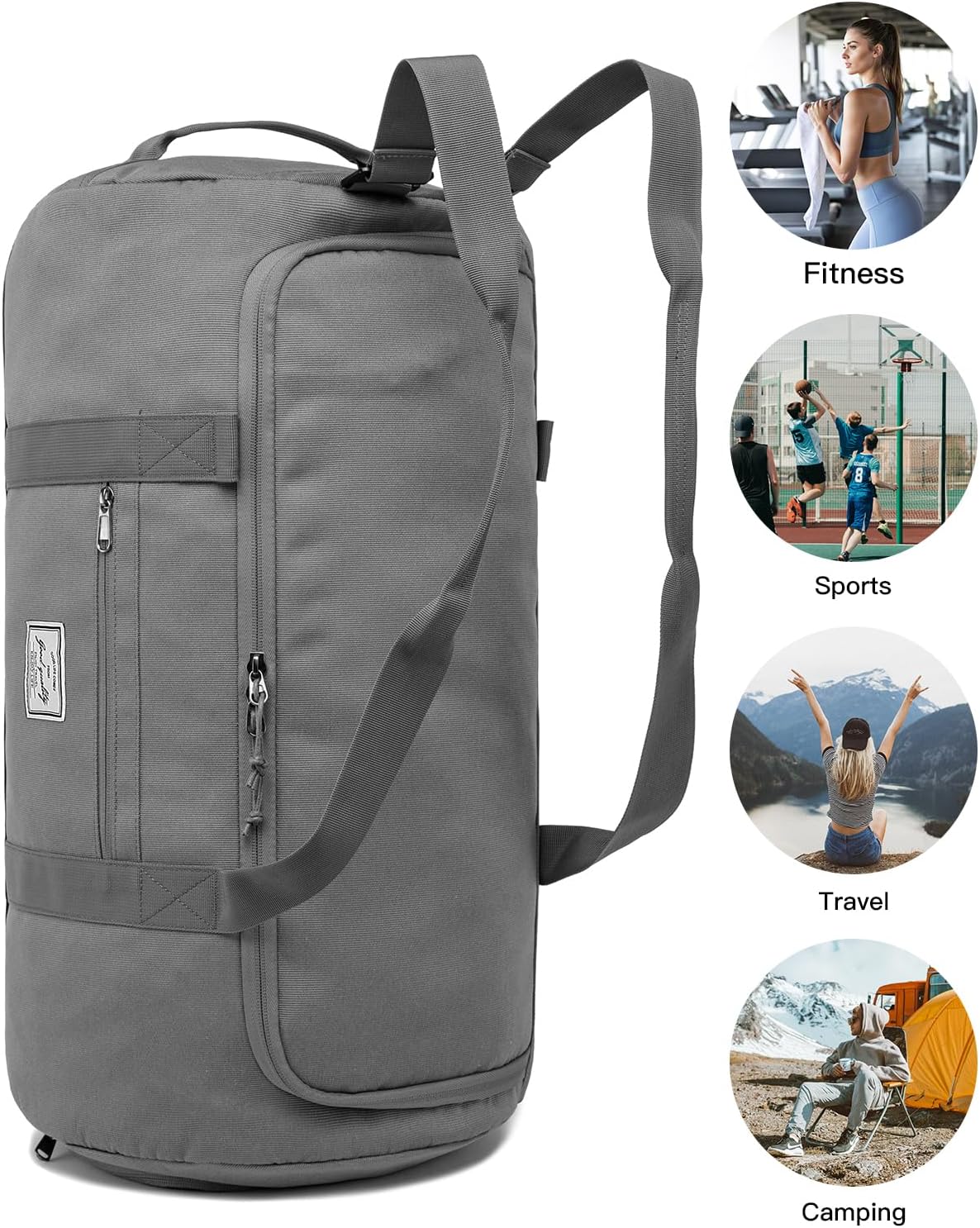 60L Large Gym Duffle Bag with Separate Shoe Compartment, Waterproof & Durable Duffel Bag for Men and Women - Convertible Backpack Design, Grey