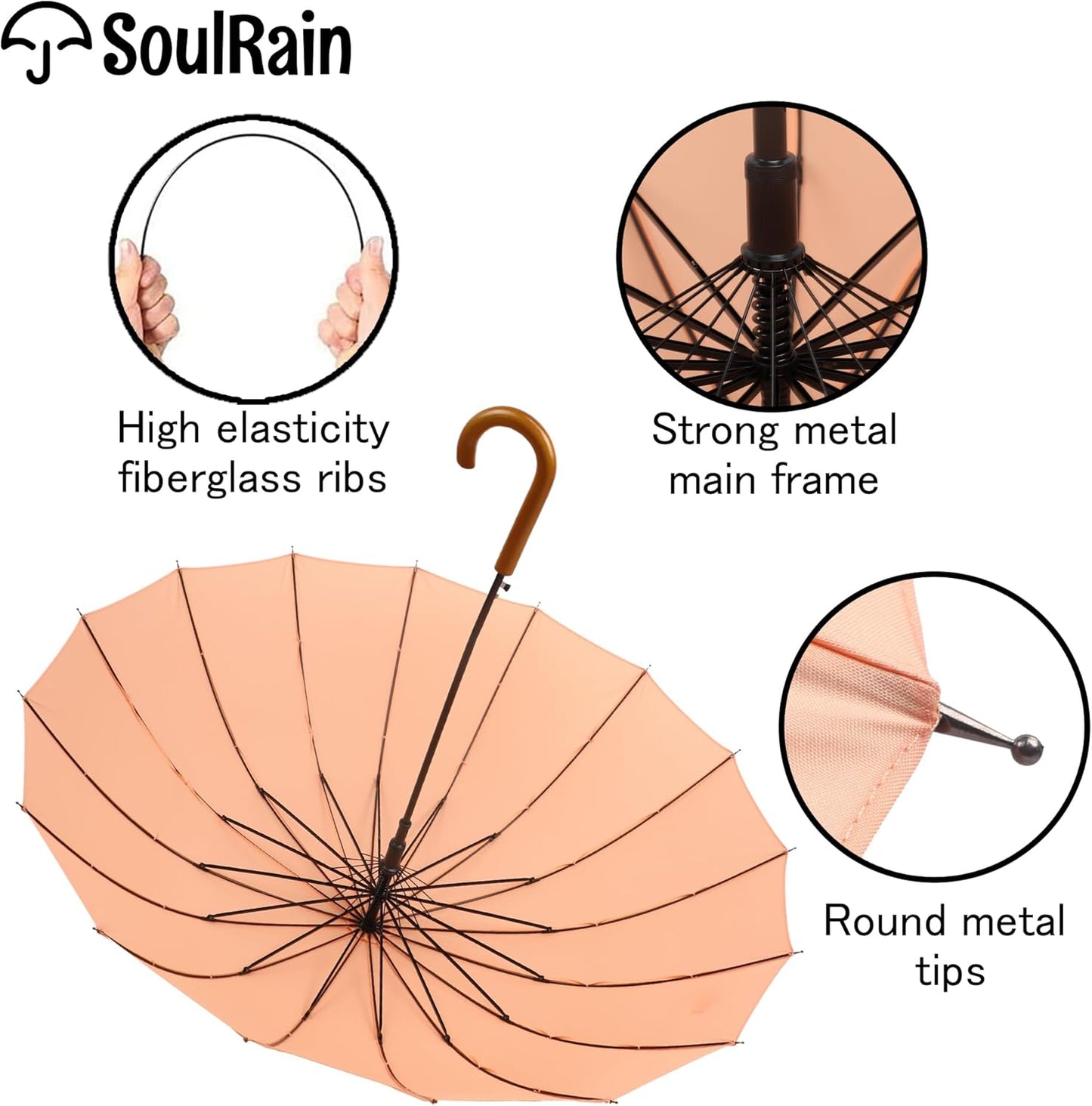 SoulRain 16 Ribs 48" Stick Umbrella Auto Open Solid Color Fashionable and Simple,Arc Classic Wood Handle,Windproof Unbreakable Stick Rain Umbrella