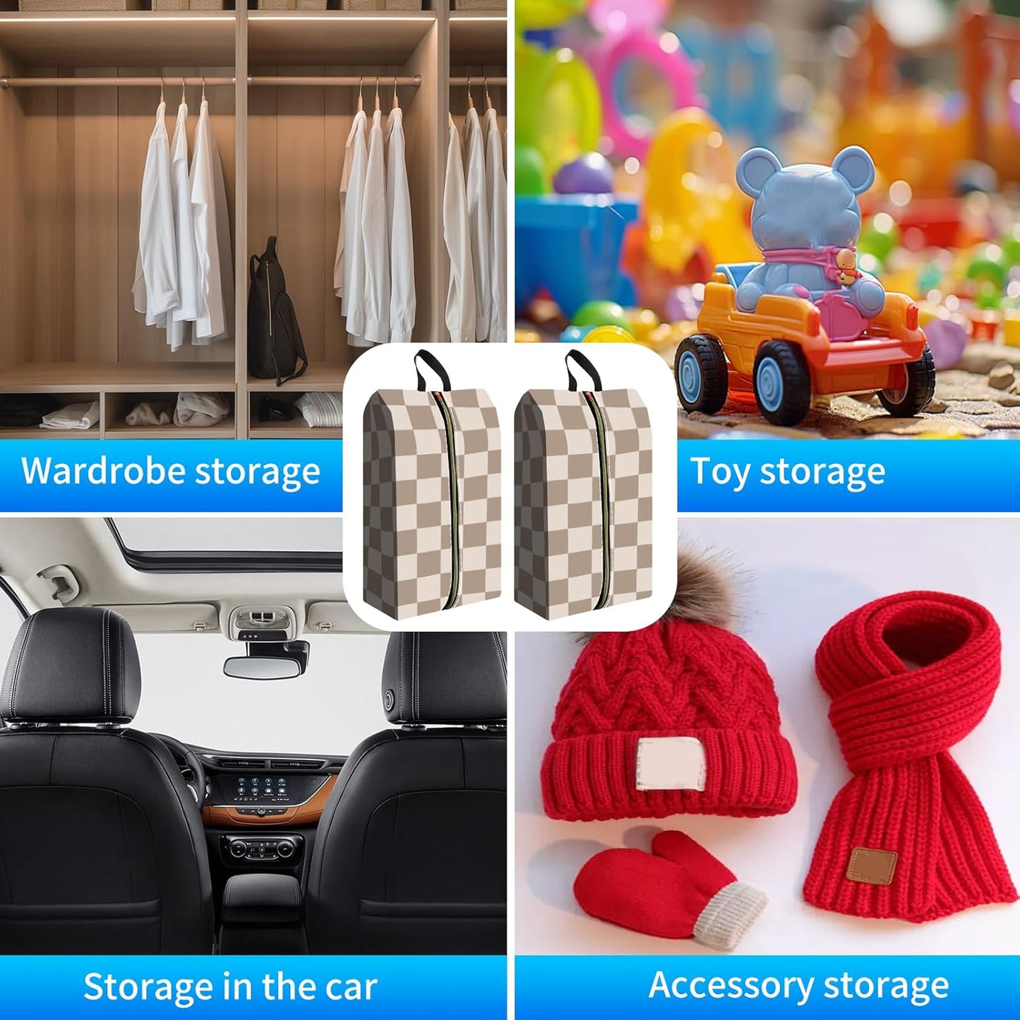 2pcs Shoe Organizer for Travel, Packing Shoe Travel Bags, Cute Shoe Bag with Zipper & Handle, Portable Travel Essentials for Women and Men Brown Checker