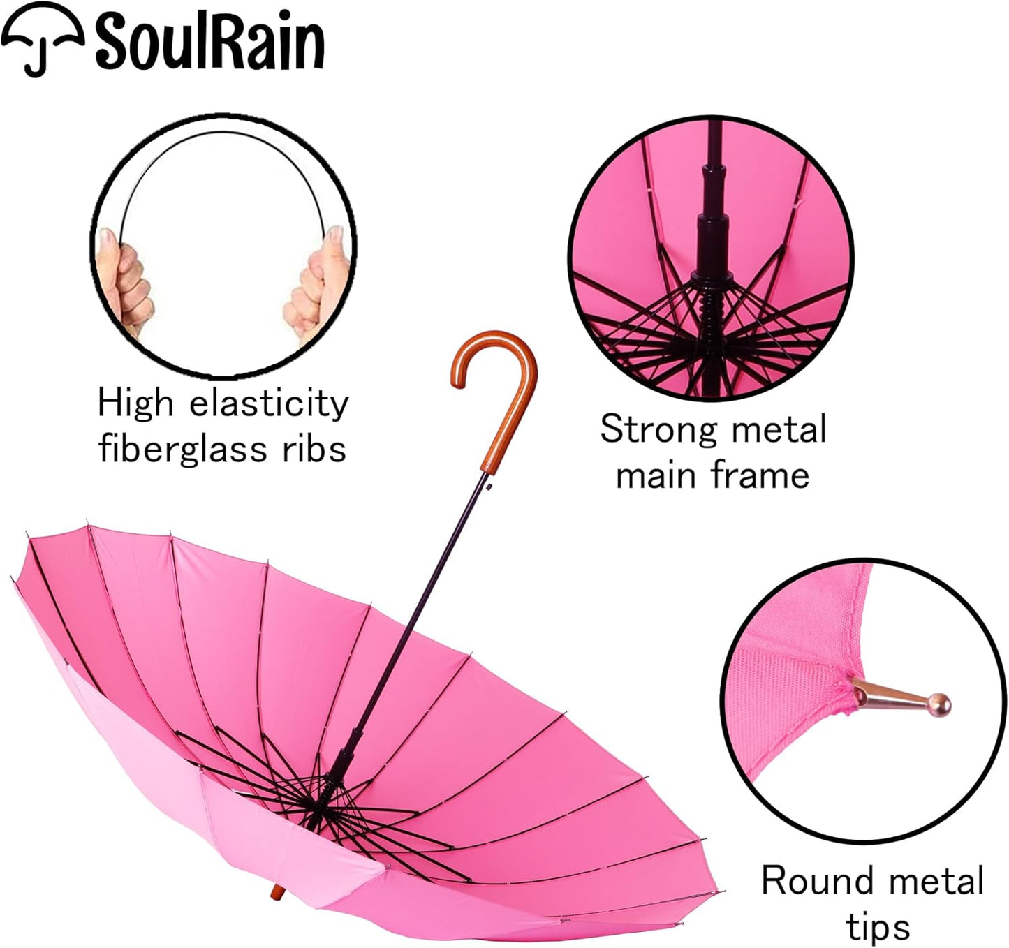 SoulRain 16 Ribs 48" Stick Umbrella Auto Open Solid Color Fashionable and Simple,Arc Classic Wood Handle,Windproof Unbreakable Stick Rain Umbrella